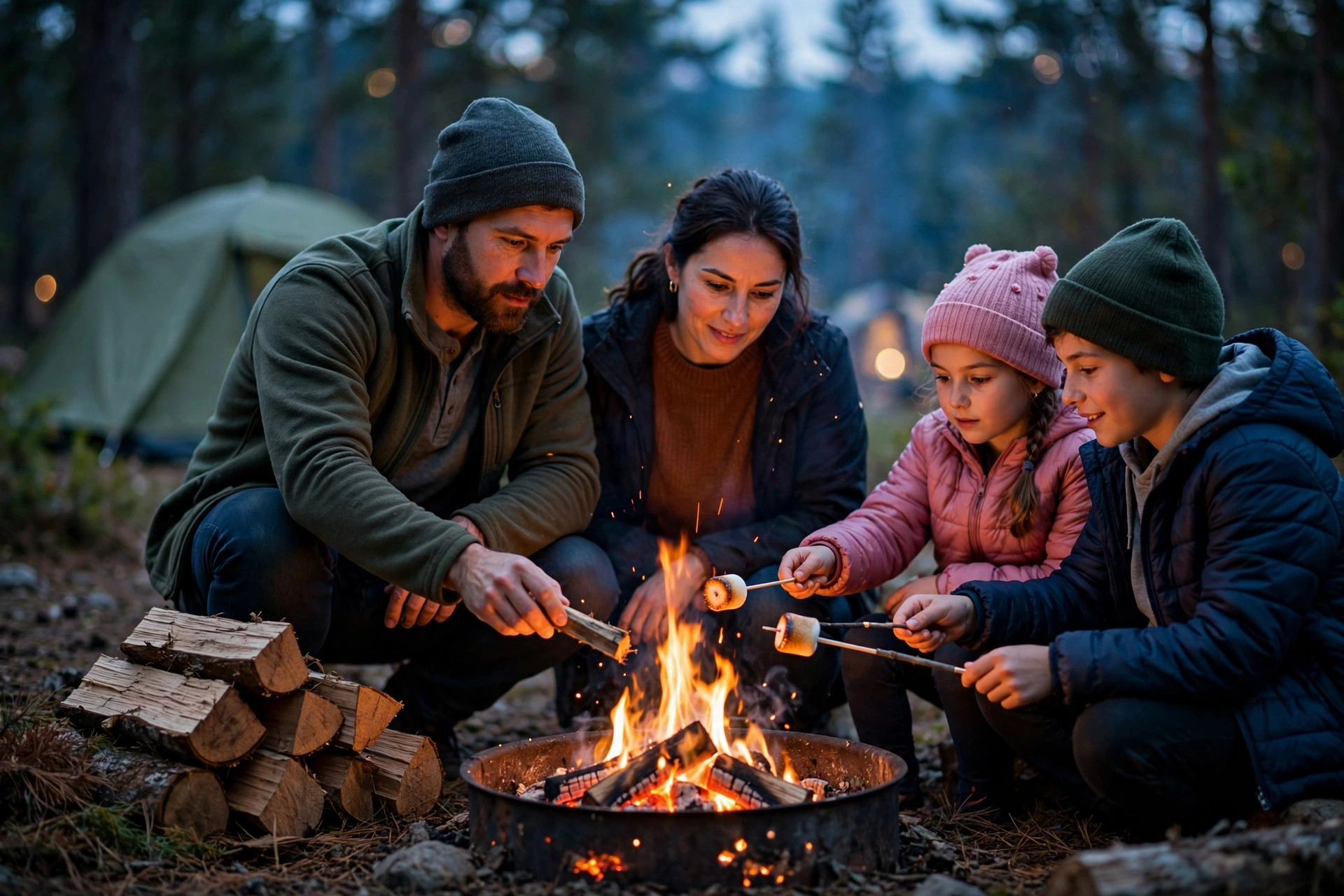 Leave No Trace for Kids: 7 Principles Made Fun 12 Family roasting marshmallows over a small campfire in an established metal fire ring at dusk