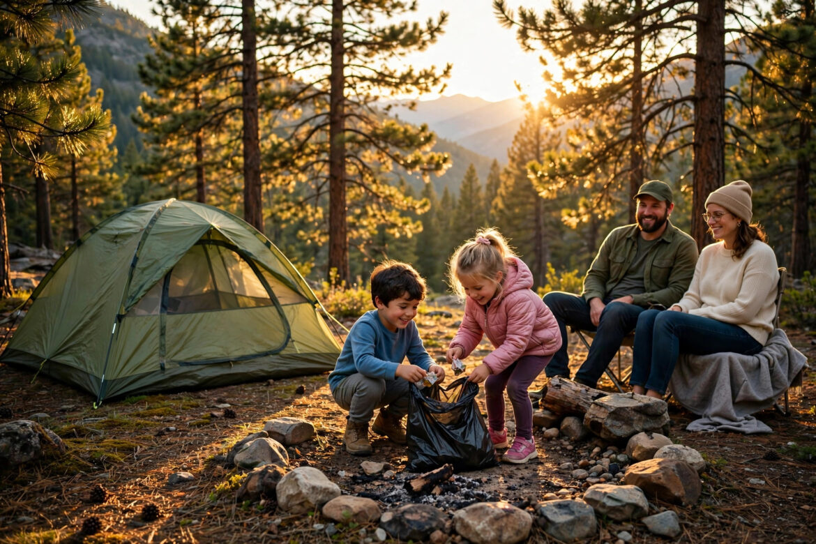 Family campsite in a pine forest at golden hour with two kids collecting trash in a bag near their tent