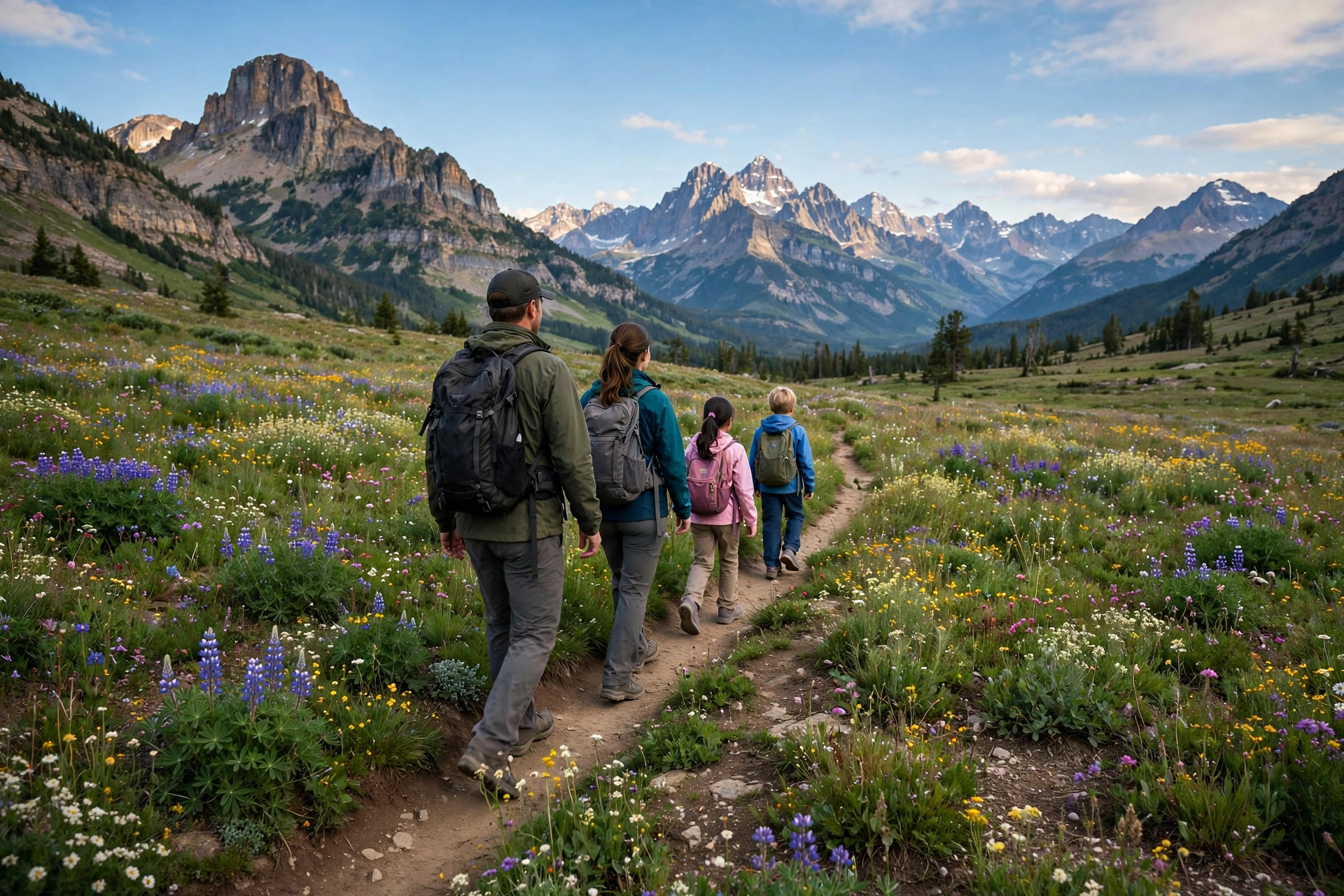 Leave No Trace for Kids: 7 Principles Made Fun 10 Family hiking single file on a narrow dirt trail in a mountain national park