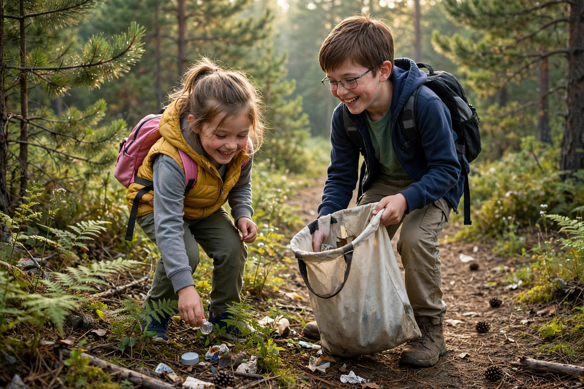 Leave No Trace for Kids: 7 Principles Made Fun 11 Two kids picking up litter along a forest trail with a reusable trash bag while camping