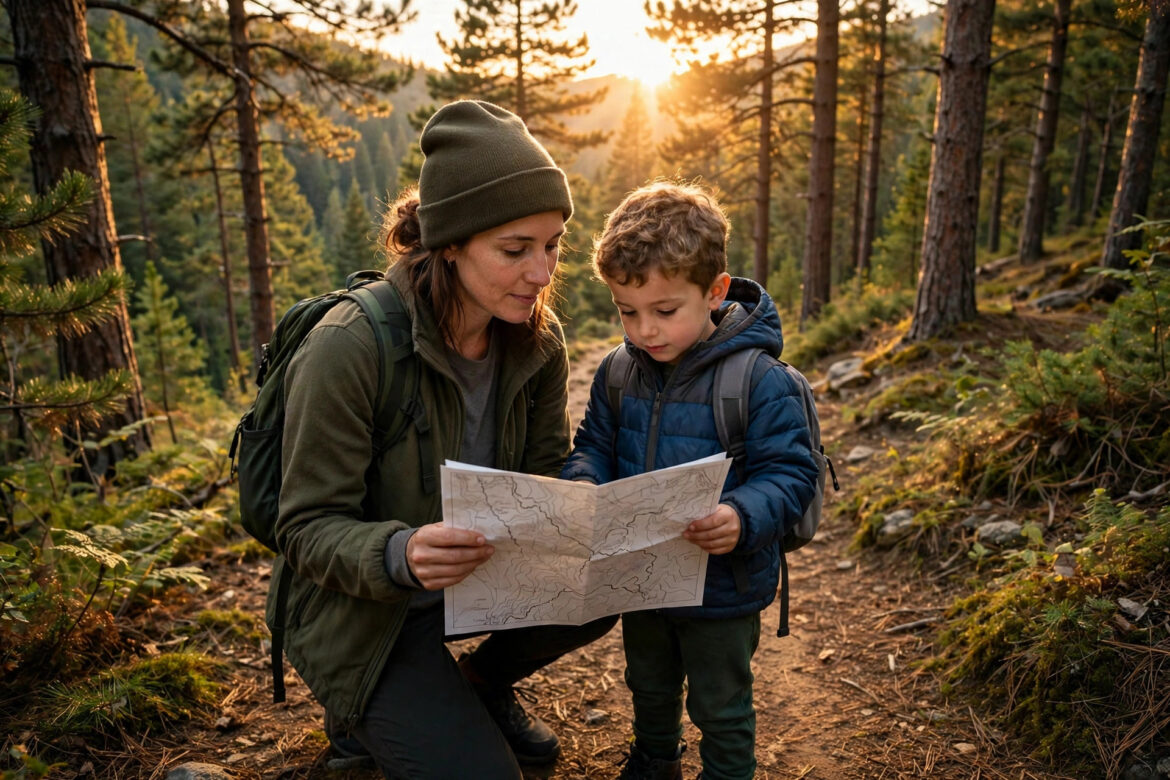 Parent and young child studying a trail map together on a forest hiking trail at golden hour