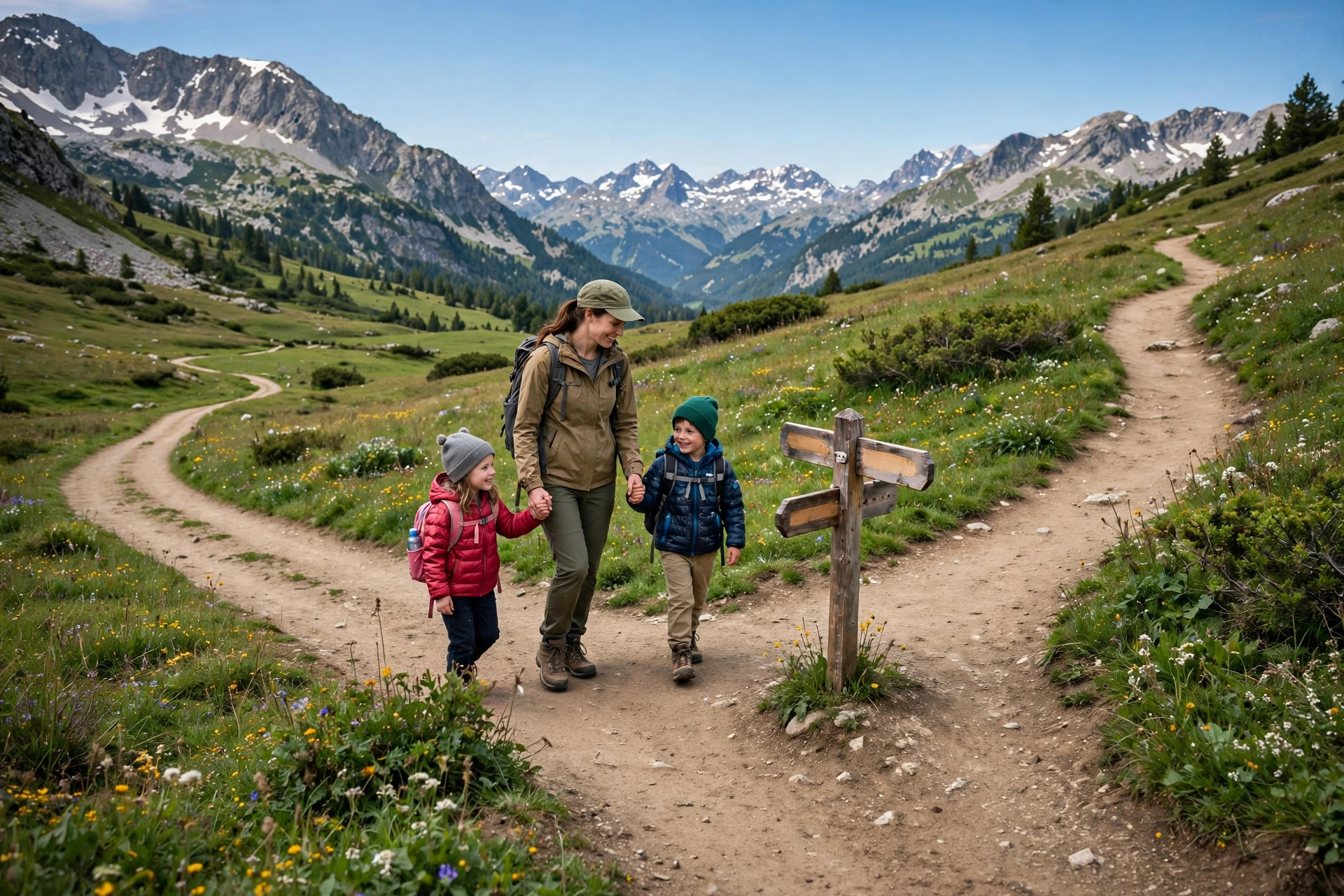 Lost Hiking with Kids? Step-by-Step Safety Plan 11 Family hiking together on a trail fork with wooden signposts, parent holding children's hands in an alpine meadow
