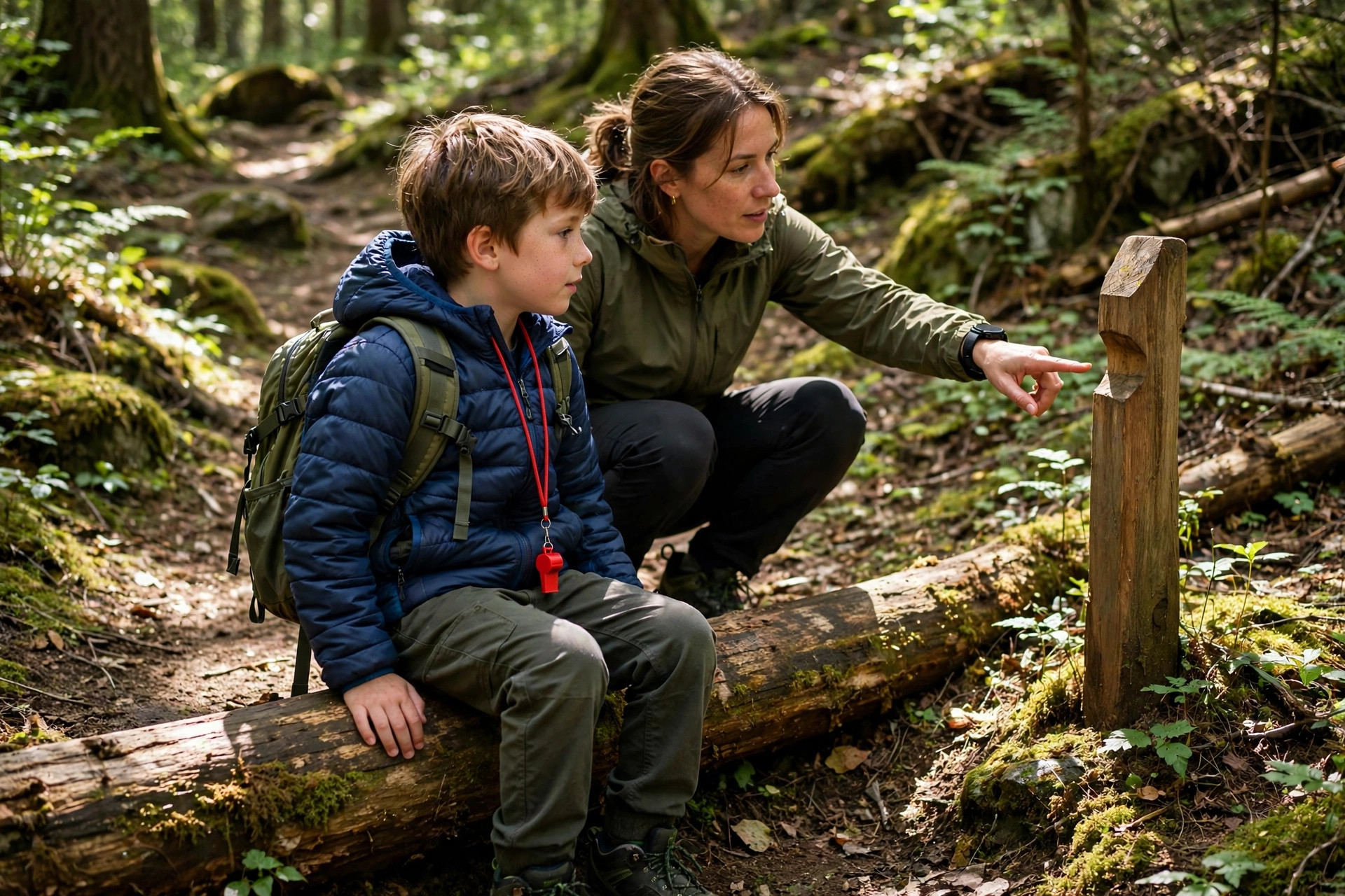 Lost Hiking with Kids? Step-by-Step Safety Plan 10 Child sitting on a fallen log on a forest hiking trail wearing a safety whistle on a lanyard while a parent points out trail markers