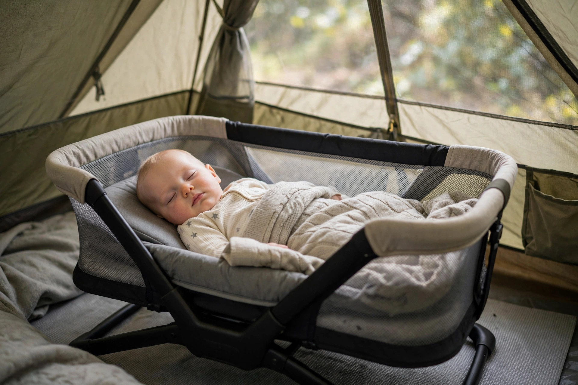 Tent Camping with a Baby: Everything You Need for a Safe First Trip 11 Baby sleeping peacefully on a firm flat surface in a travel bassinet inside a tent in soft daylight