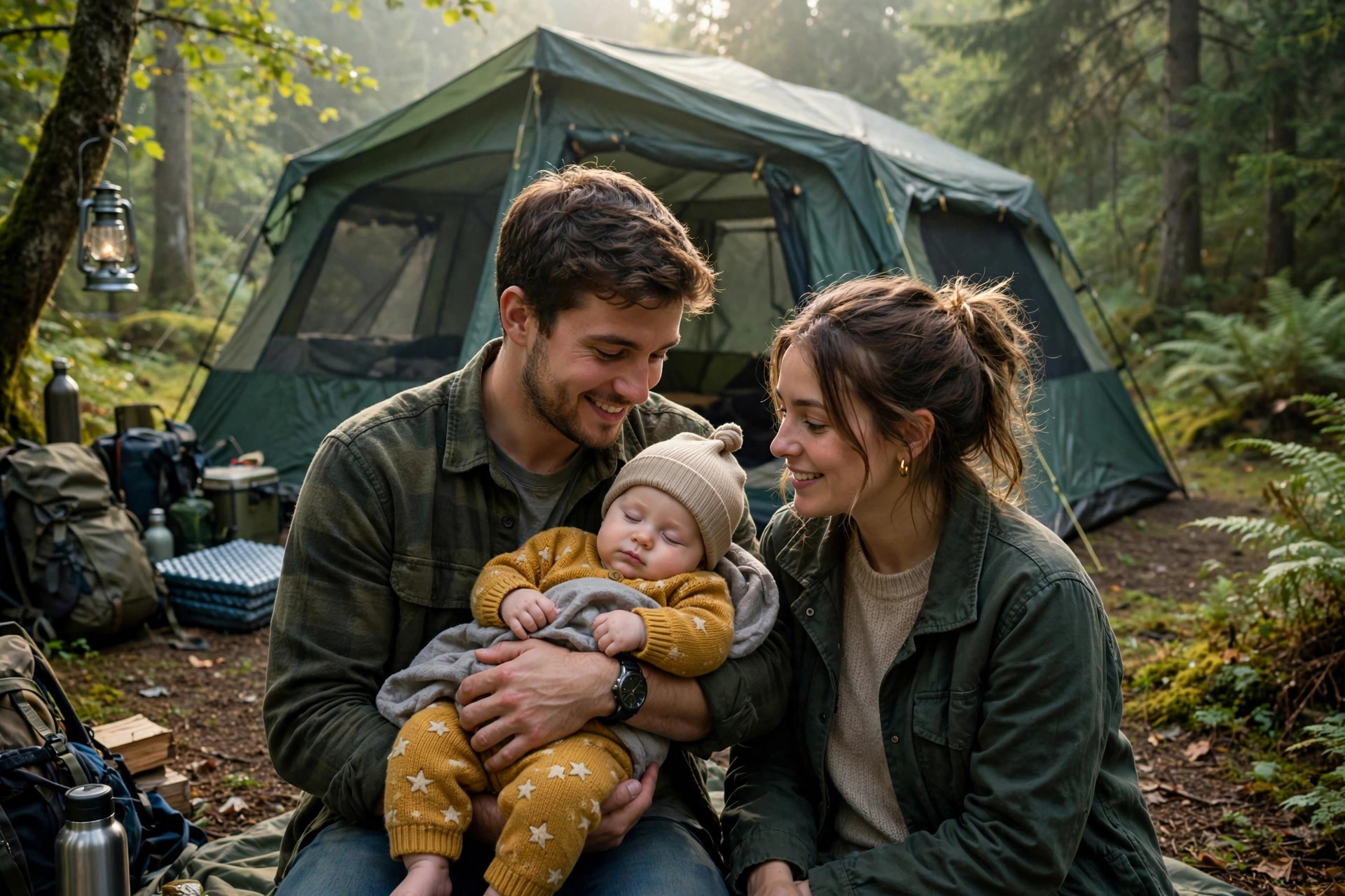 Tent Camping with a Baby: Everything You Need for a Safe First Trip 10 Young parents with their baby outside a large family tent at a green forest campsite in morning light