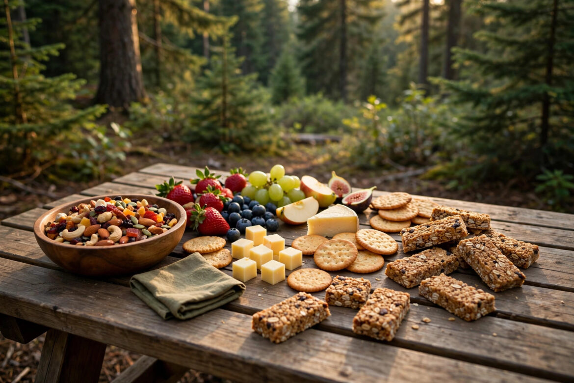 Picnic table at a forest campsite covered with camping snacks including trail mix, fruit, cheese, crackers and granola bars