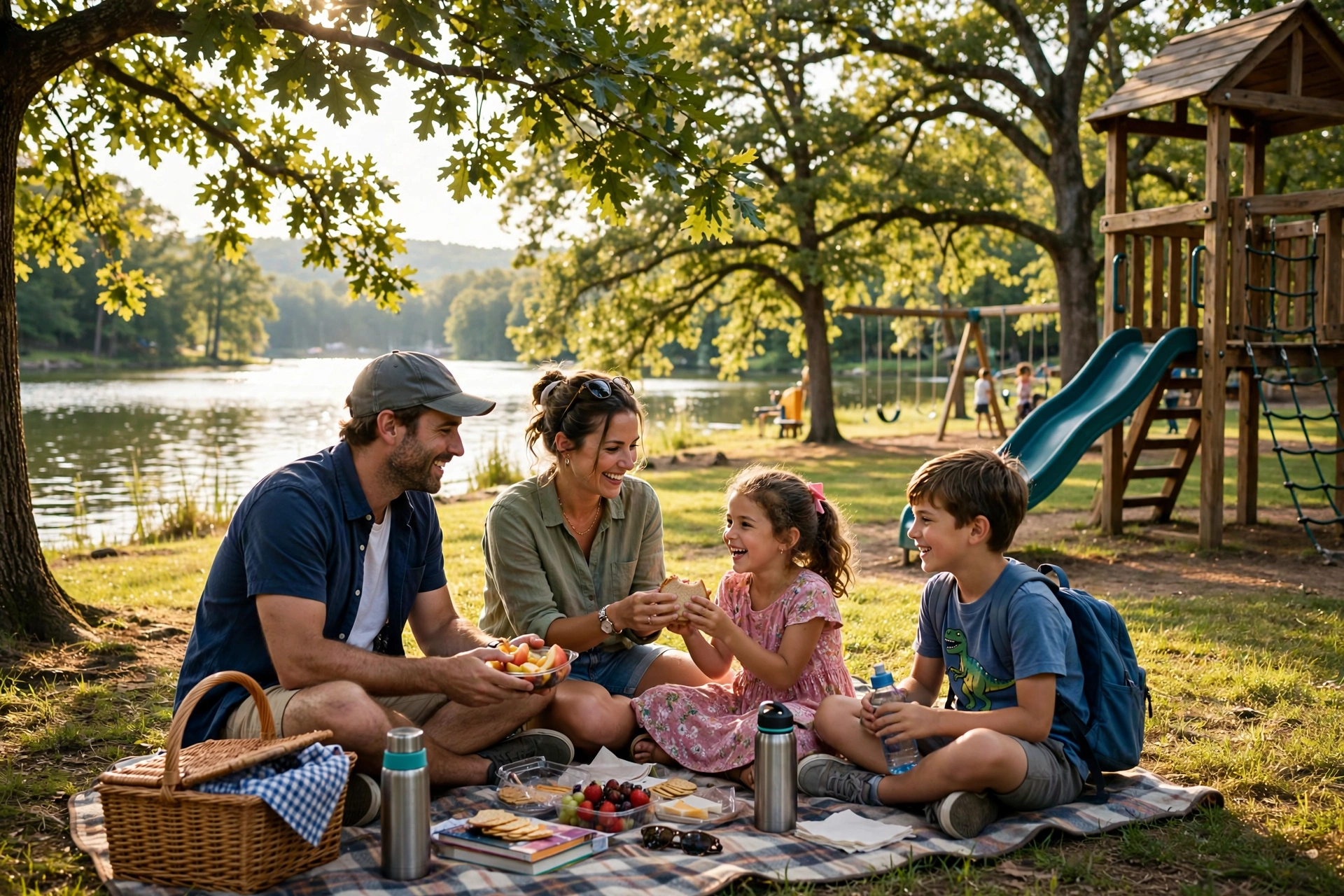 Family enjoying a picnic in a leafy lakeside park in Virginia