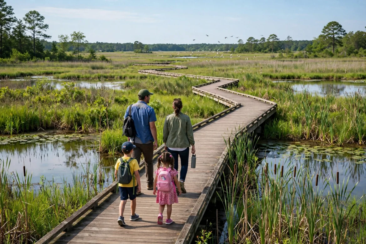 Family walking on a wooden boardwalk through a green wetland near Chesapeake Virginia