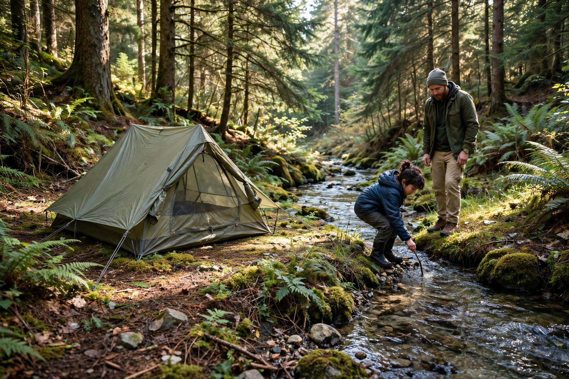 Family Camping in National Forests vs National Parks: Which Is Better for Kids? 11 Small tent in a quiet remote forest clearing near a stream