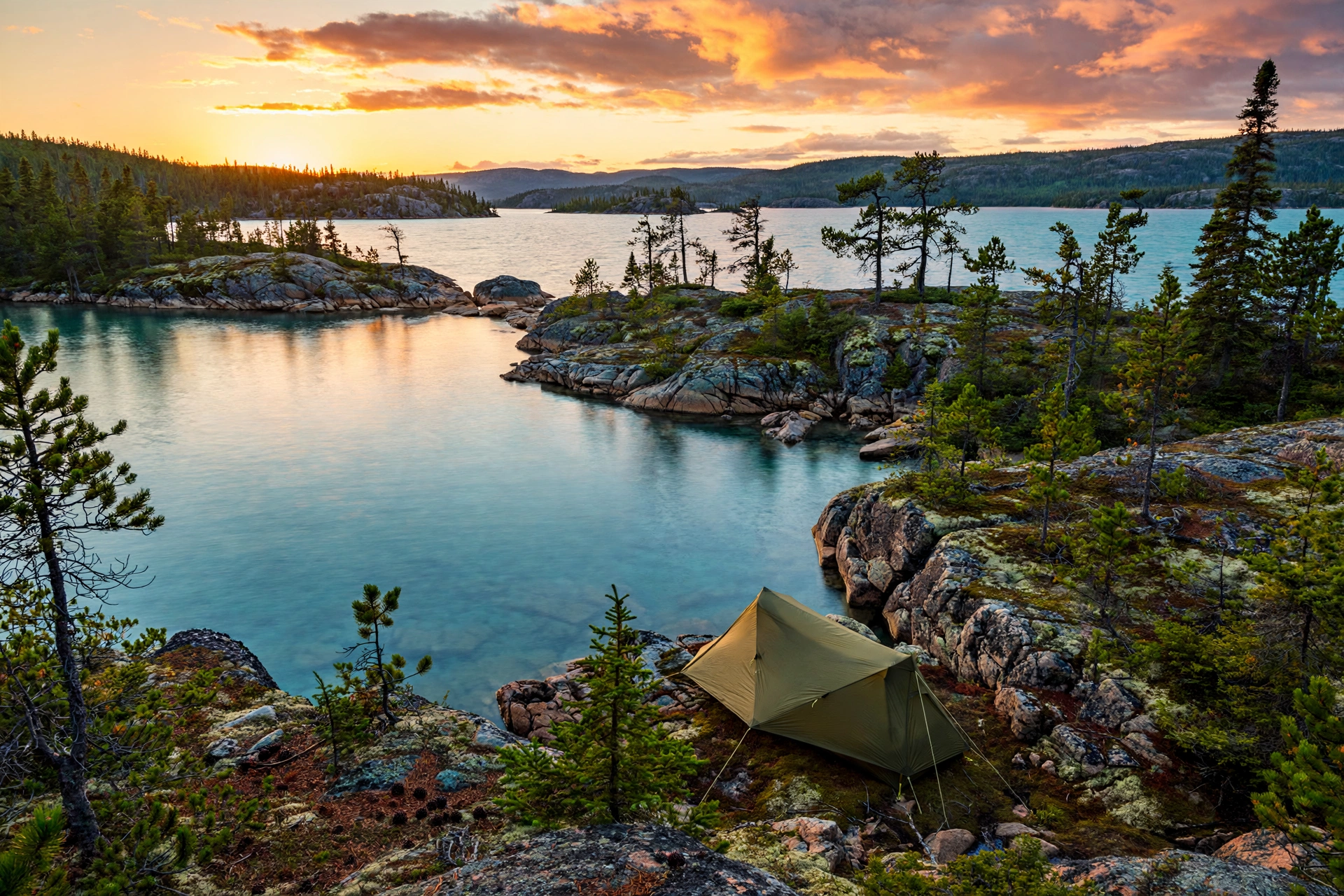 Tent pitched at a remote Lake Superior campsite on Isle Royale at sunset