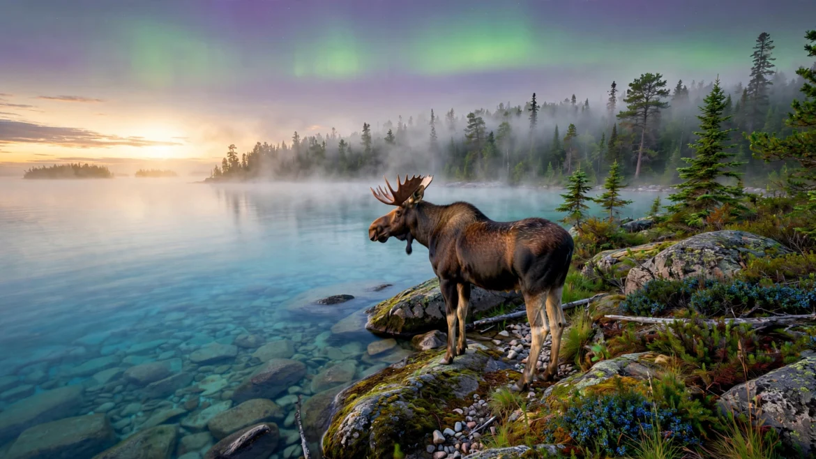 Moose at a Lake Superior shoreline on Isle Royale National Park at sunrise