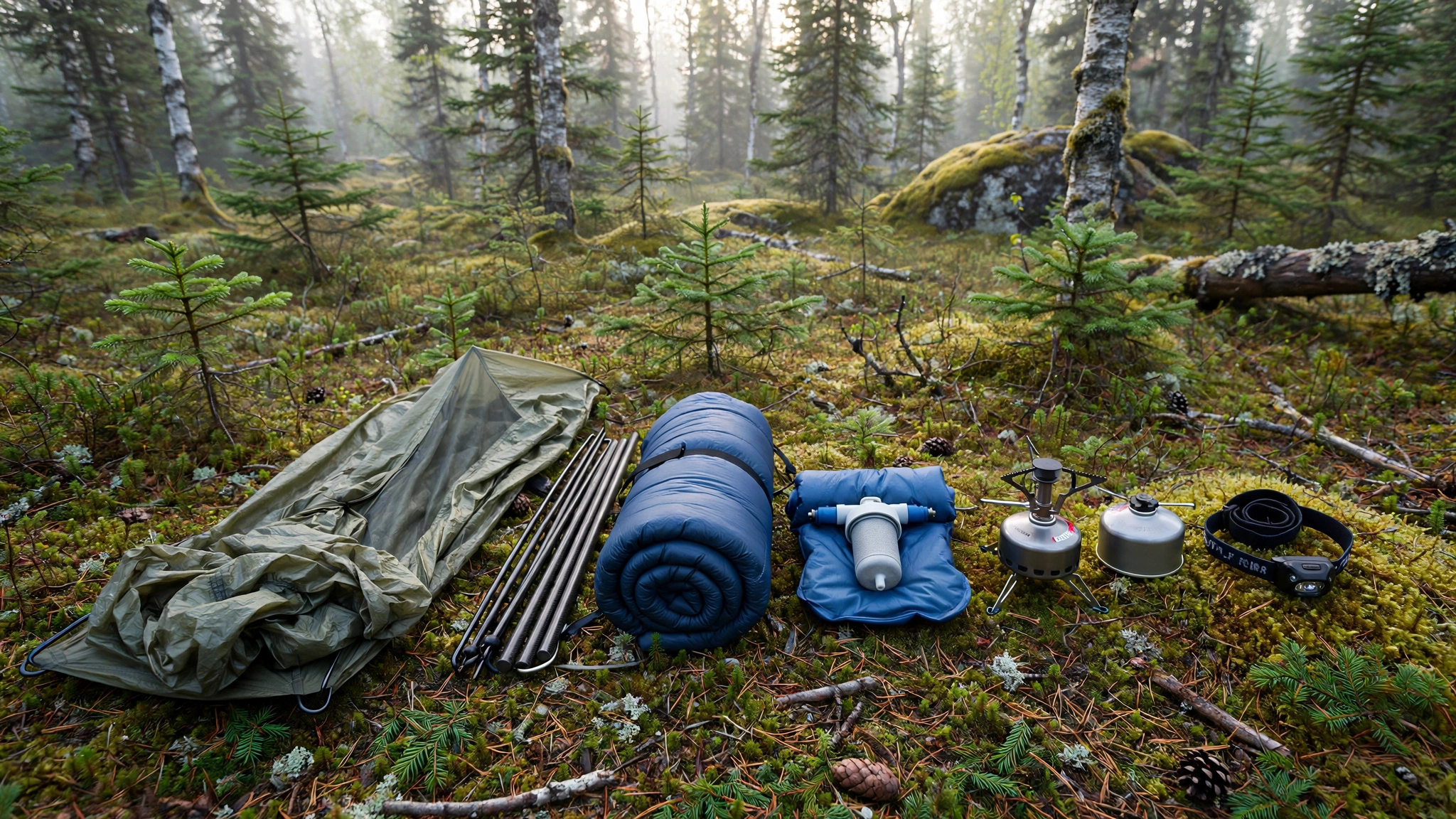 Ultralight backpacking gear laid out for an Isle Royale trip