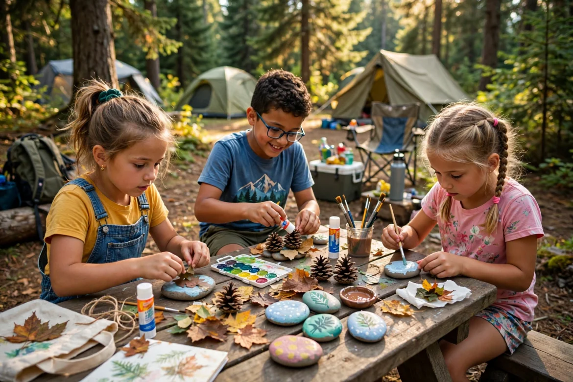 Children making nature crafts with leaves, pinecones and painted stones at a forest campsite picnic table