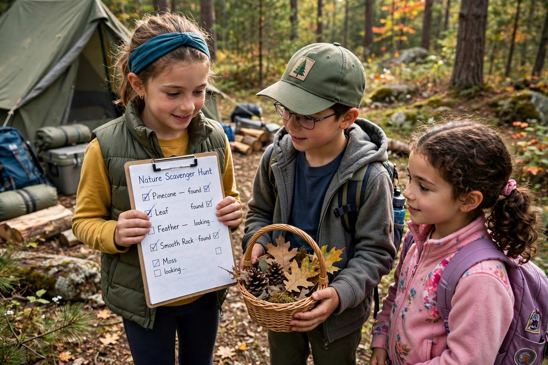 Children on a woodland scavenger hunt near a campsite holding a checklist and a basket of pinecones and leaves