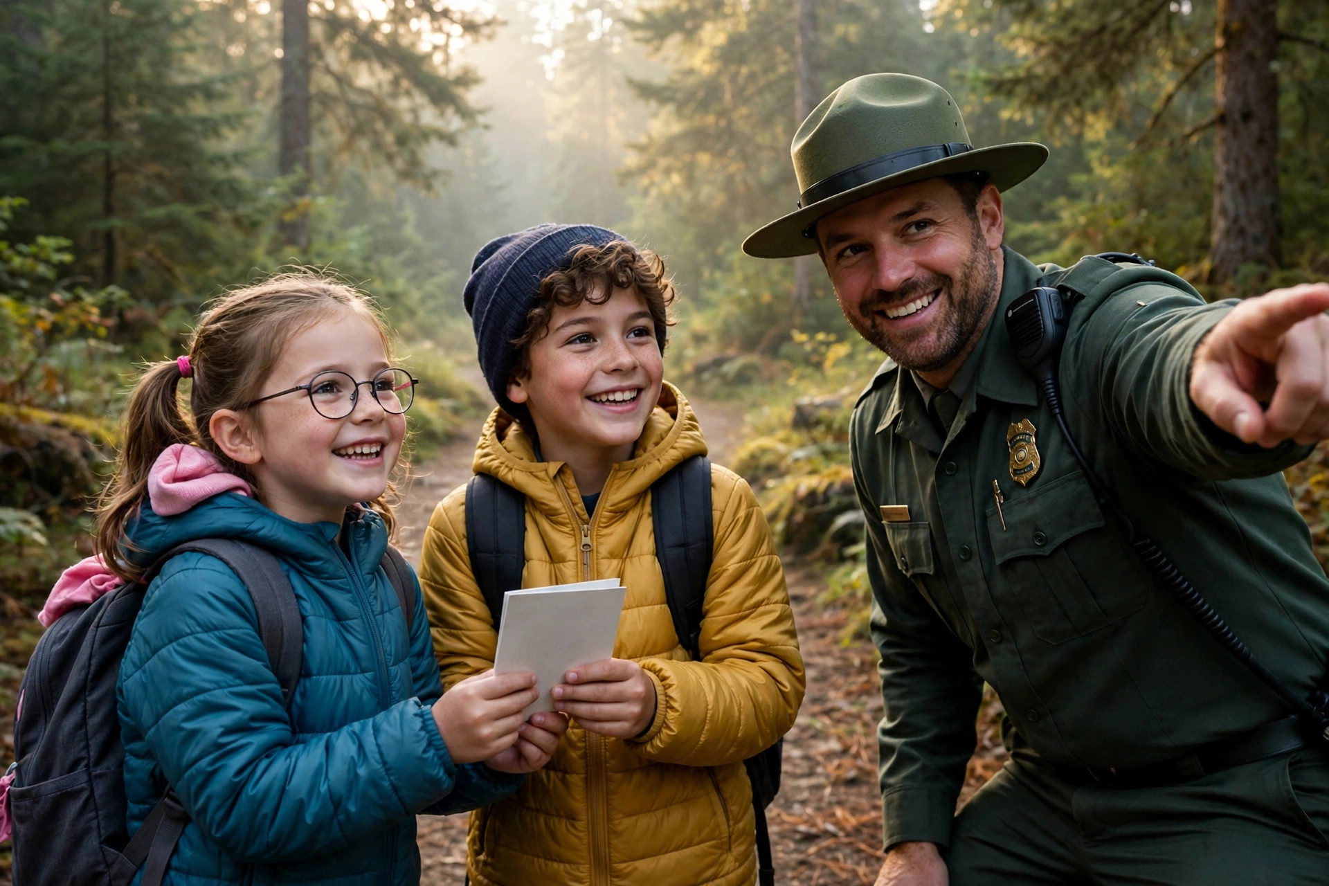 Family Camping in National Forests vs National Parks: Which Is Better for Kids? 12 Children with a junior ranger booklet on a forest trail with a park ranger
