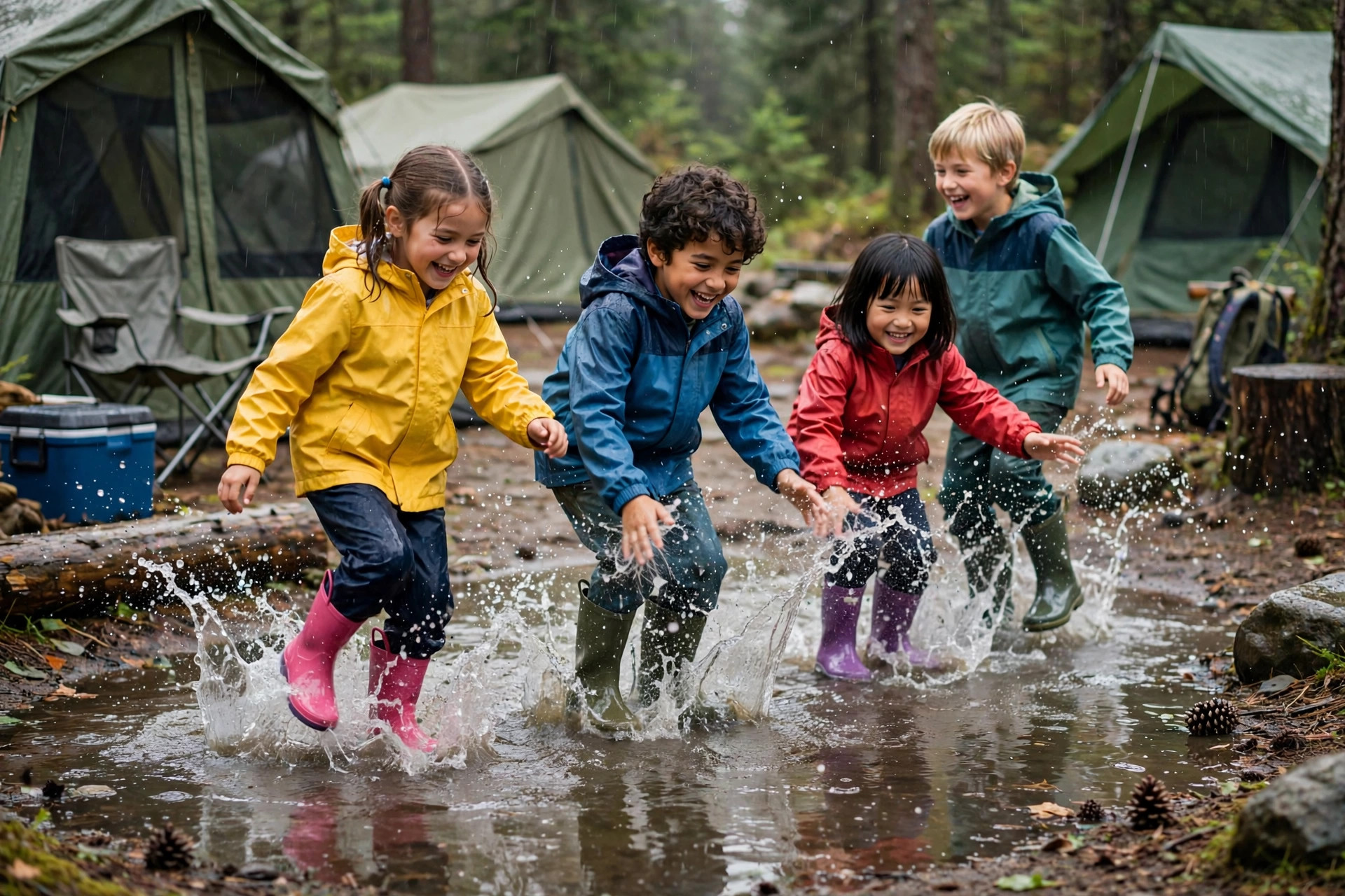 Happy kids in rain boots and jackets splashing in puddles at a campsite