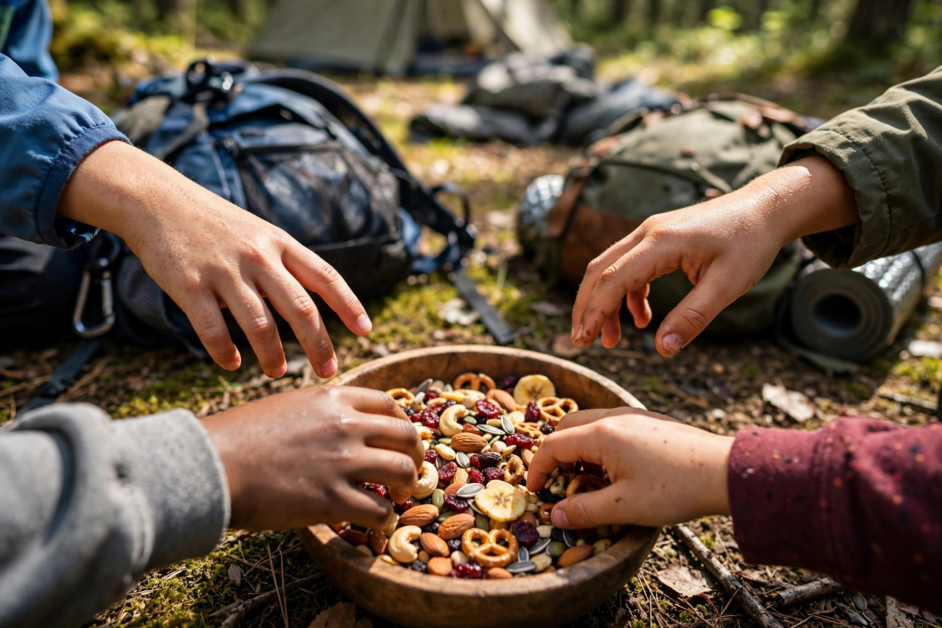 Children's hands reaching into a bowl of trail mix at a sunny campsite with backpacks nearby