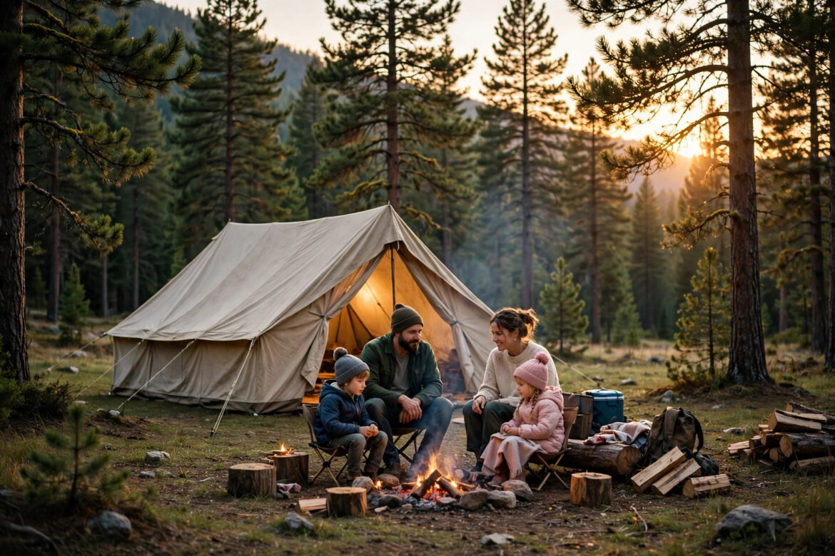 Family campsite in a pine national forest at golden hour with tent and campfire