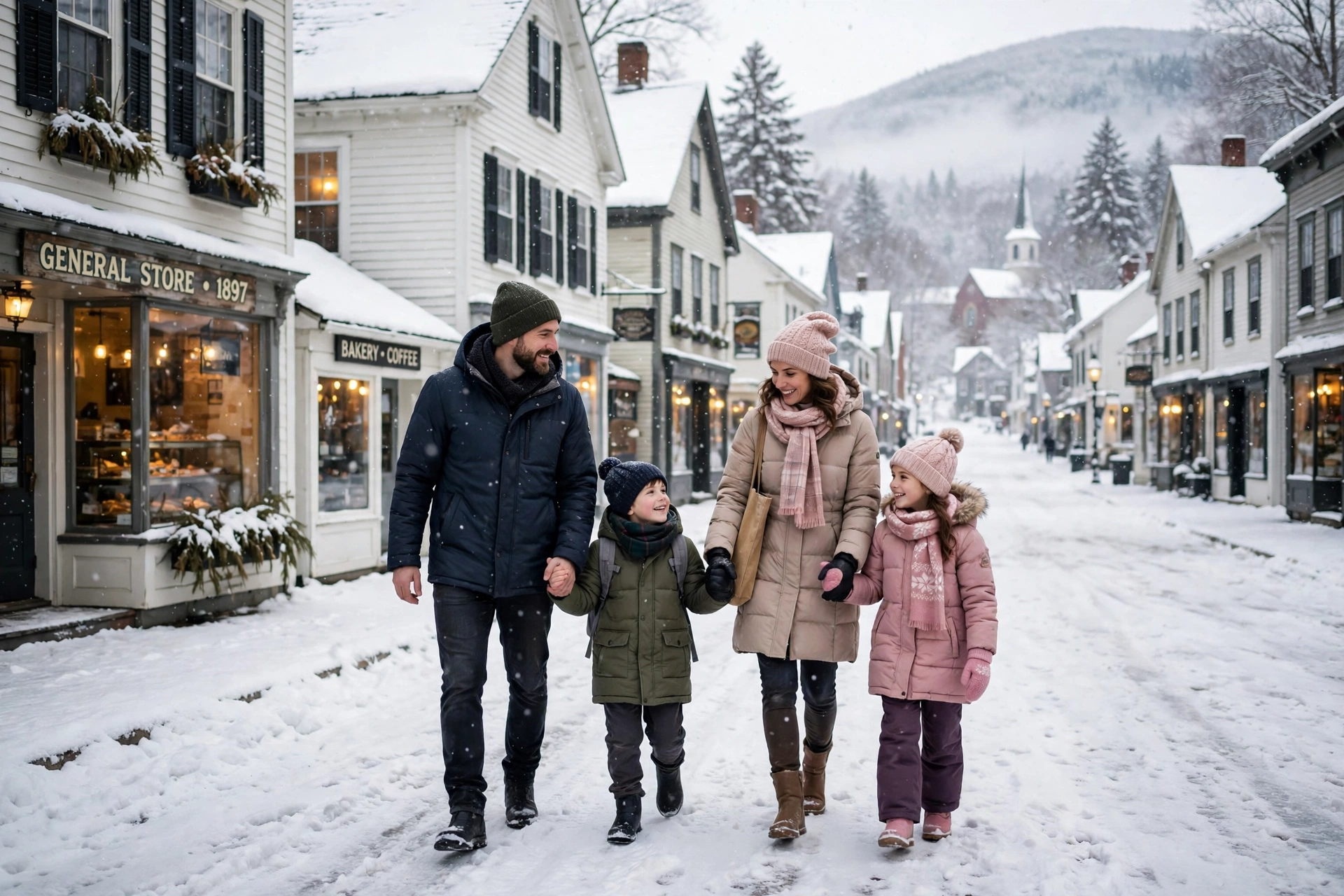 Best New England Winter Getaways for Families: 9 Cosy Picks 10 Family in warm winter coats walking through a snow-covered New England town street