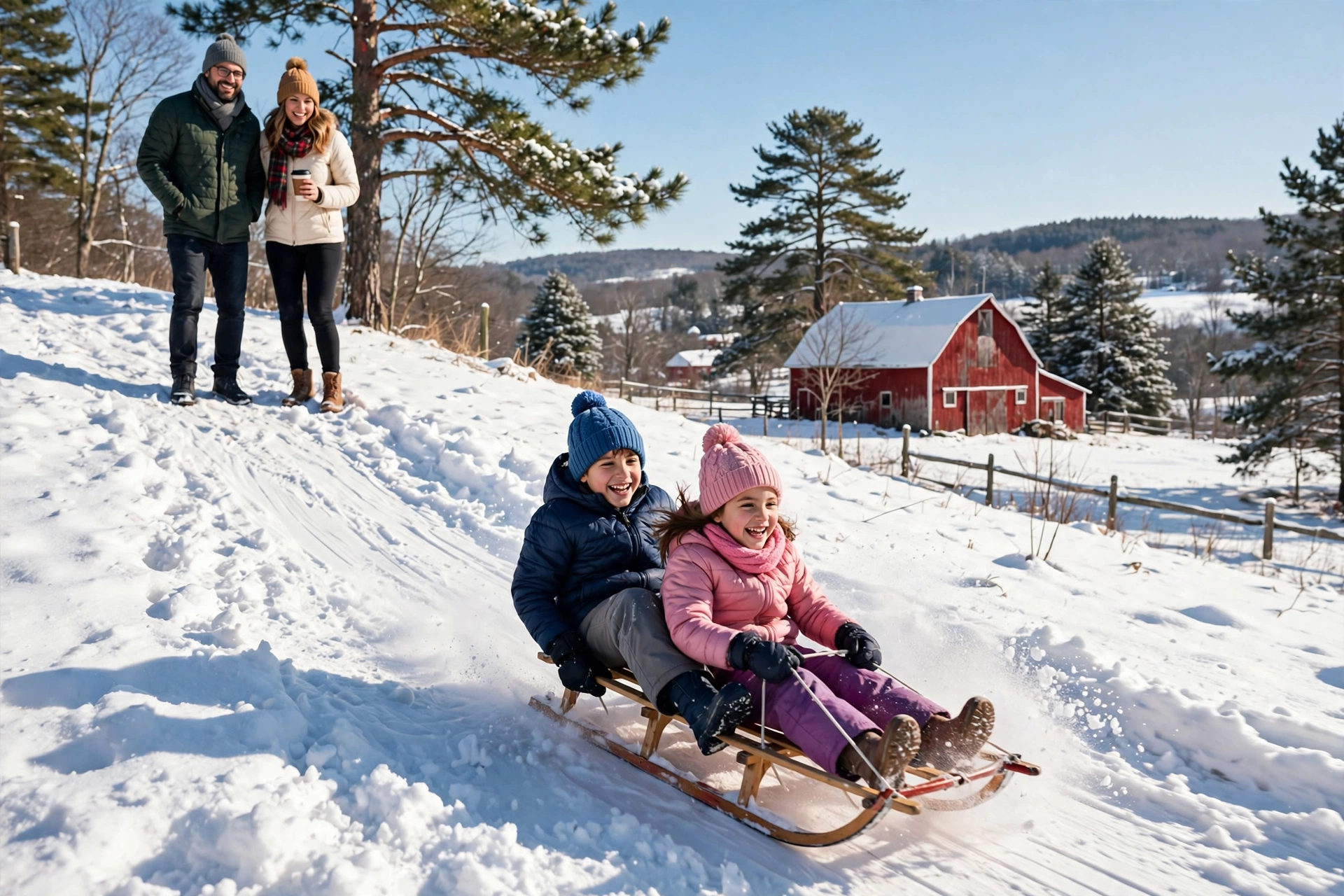 Best New England Winter Getaways for Families: 9 Cosy Picks 11 Children sledding on a gentle snowy hill with parents watching in New England