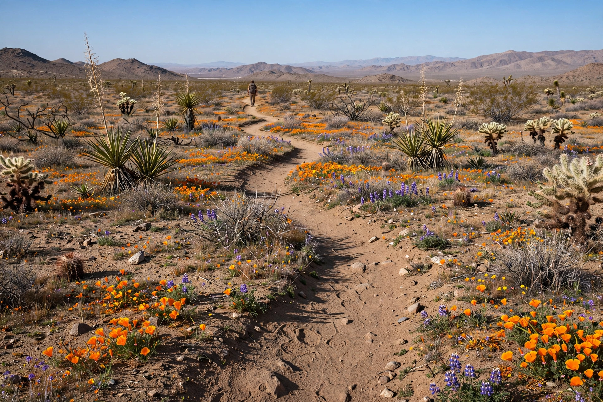 Dirt trail winding through Southern California desert with spring wildflowers on the Pacific Crest Trail