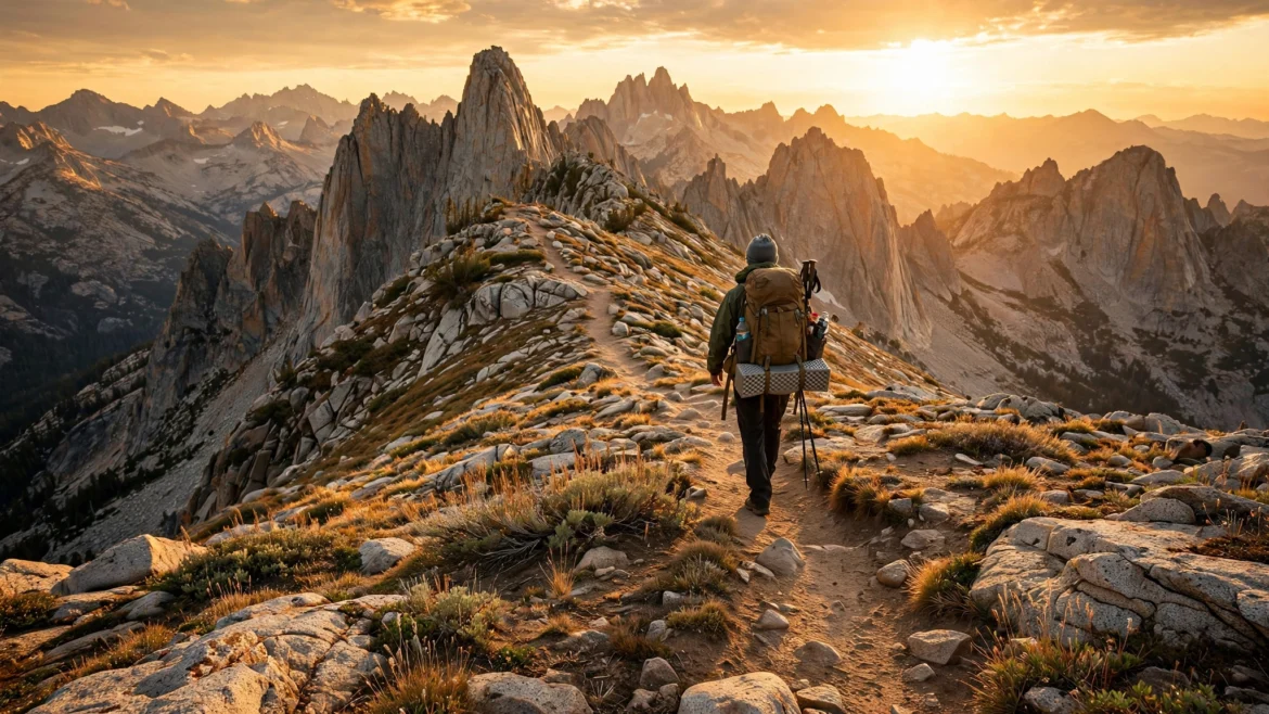 Lone backpacker crossing a high Sierra Nevada pass on the Pacific Crest Trail at golden hour
