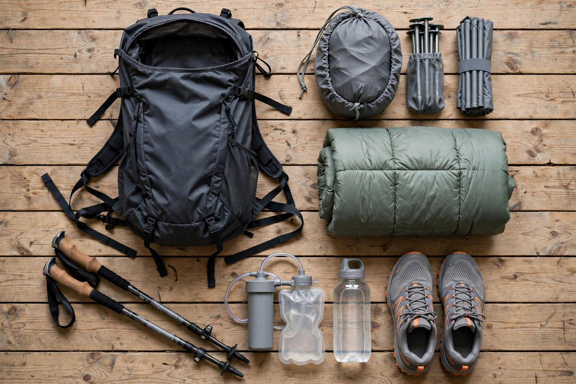 Ultralight thru-hiking gear laid out flat: backpack, tent, sleeping quilt, trekking poles and trail shoes