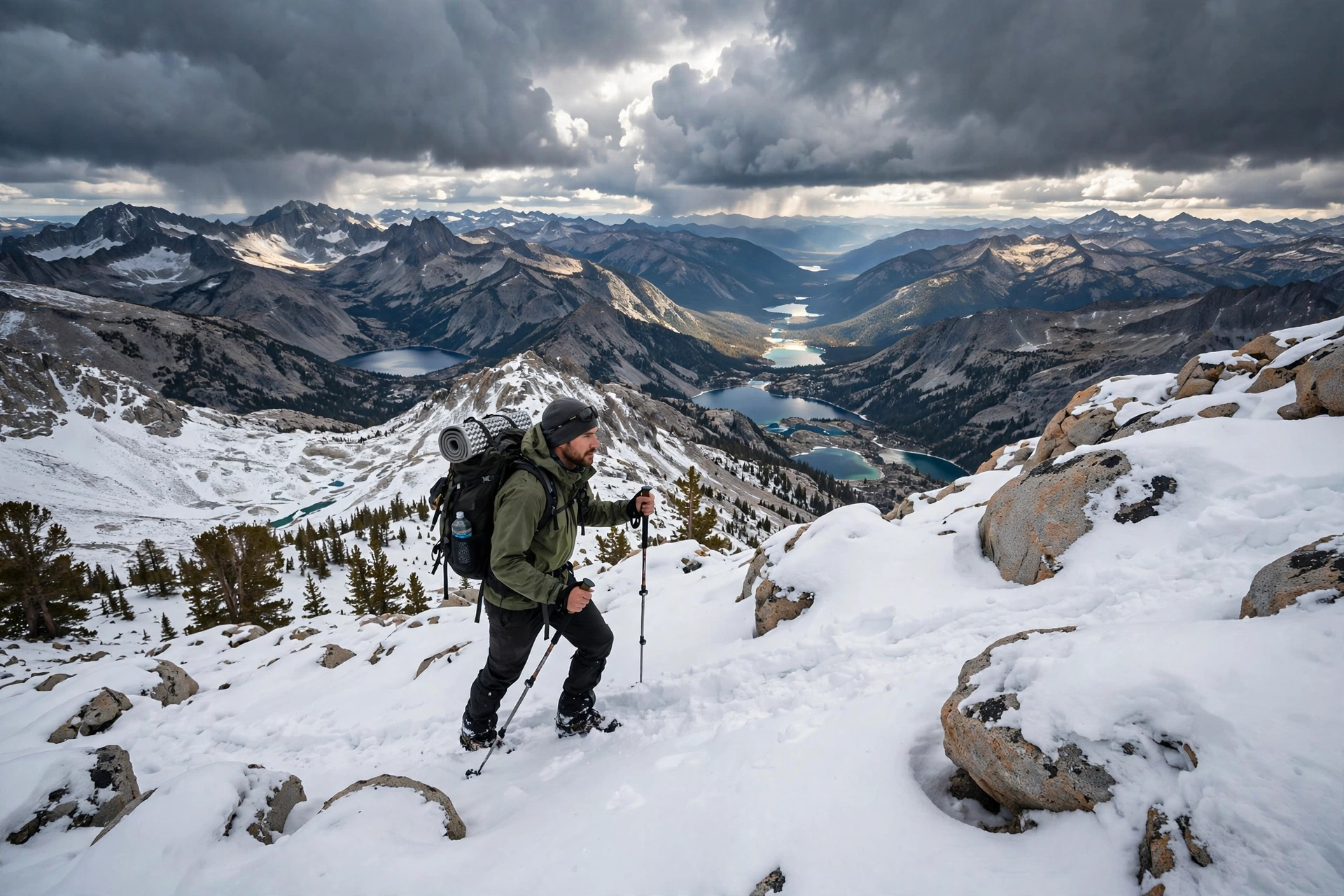 Thru-hiker crossing a snow-covered Sierra Nevada pass with trekking poles