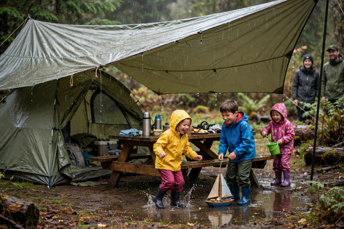 Family campsite in light rain with a large tarp stretched over a tent and picnic table while kids in colorful rain jackets play nearby