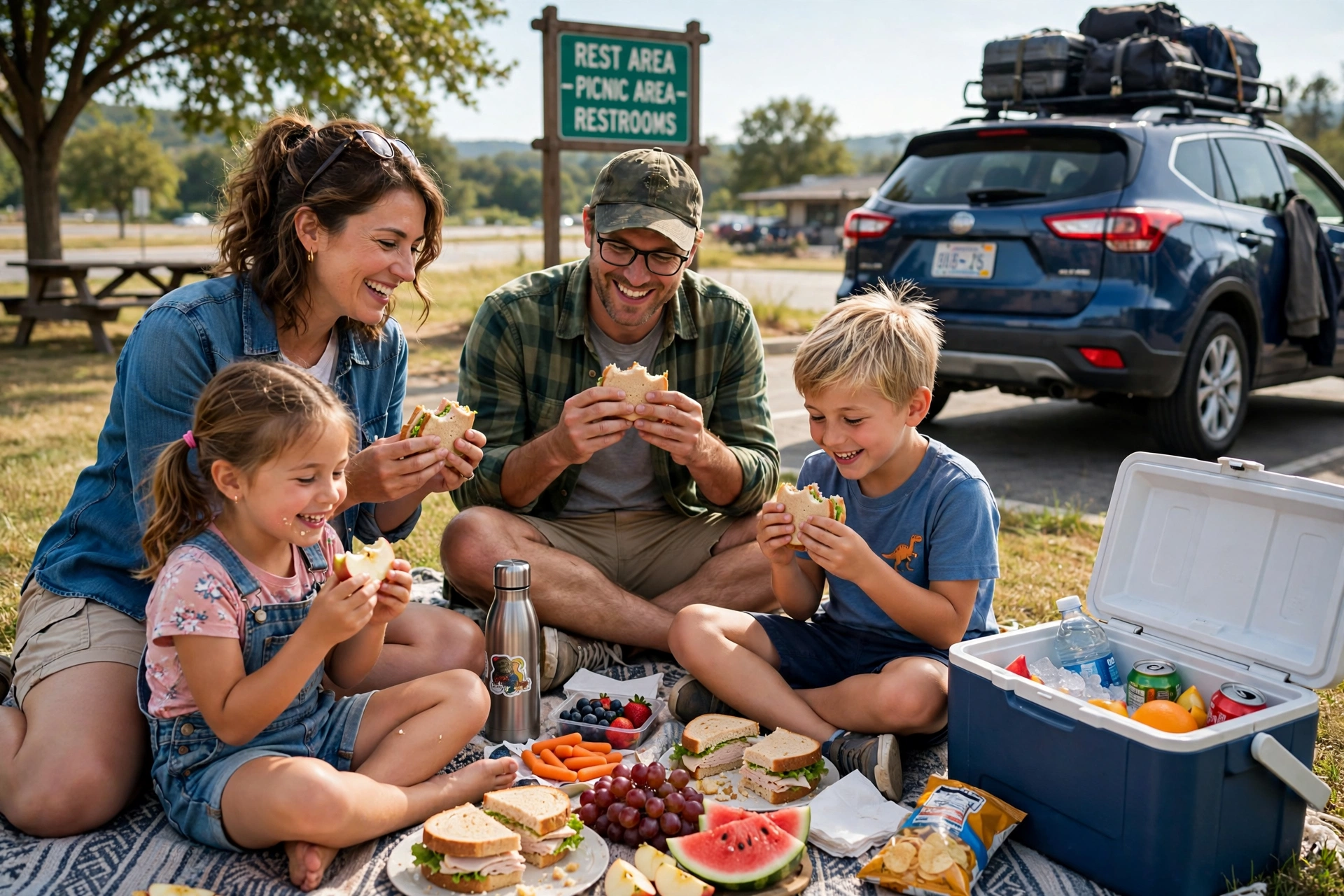 Family enjoying a picnic lunch from a cooler on a blanket beside their car at a sunny road trip rest stop