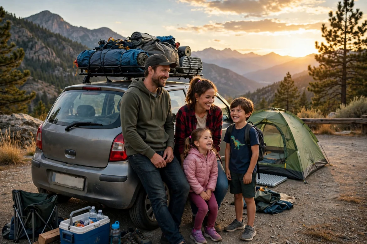 Family with two young children beside a small car loaded with camping gear at a scenic mountain roadside stop at golden hour
