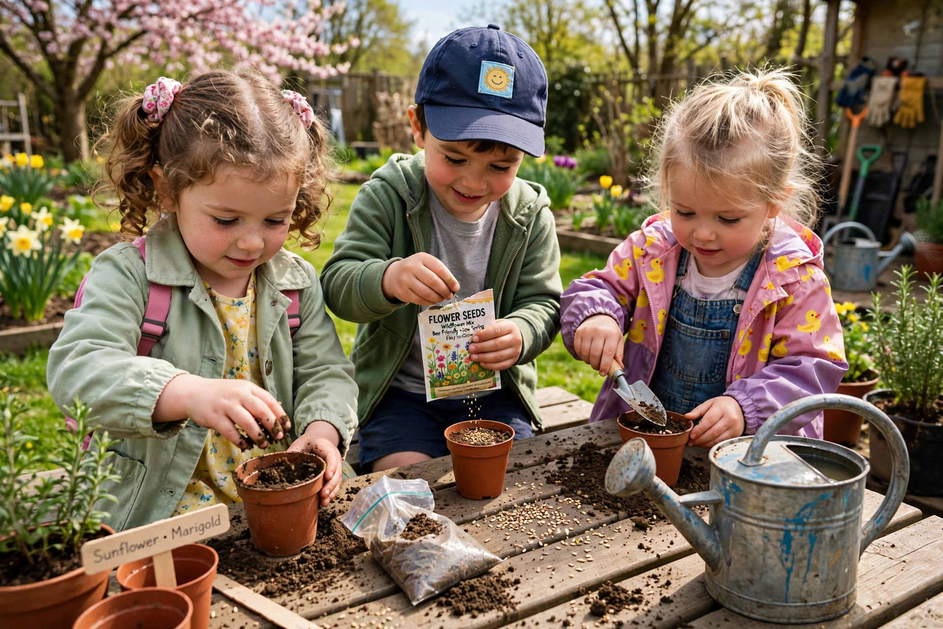 Preschoolers planting flower seeds in pots outdoors in spring sunshine