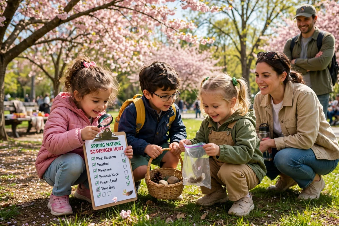 Preschool children on a spring nature scavenger hunt in a sunny park with blossom trees