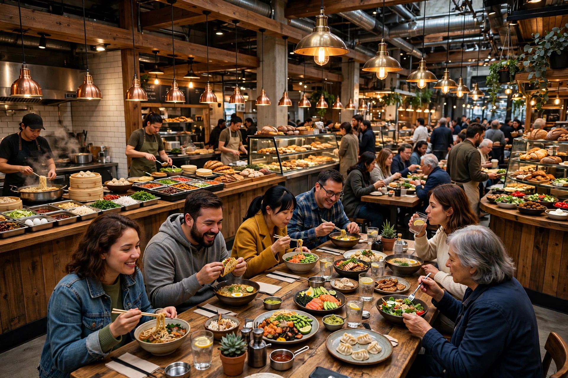 Bustling indoor food hall with vendor stalls and diners