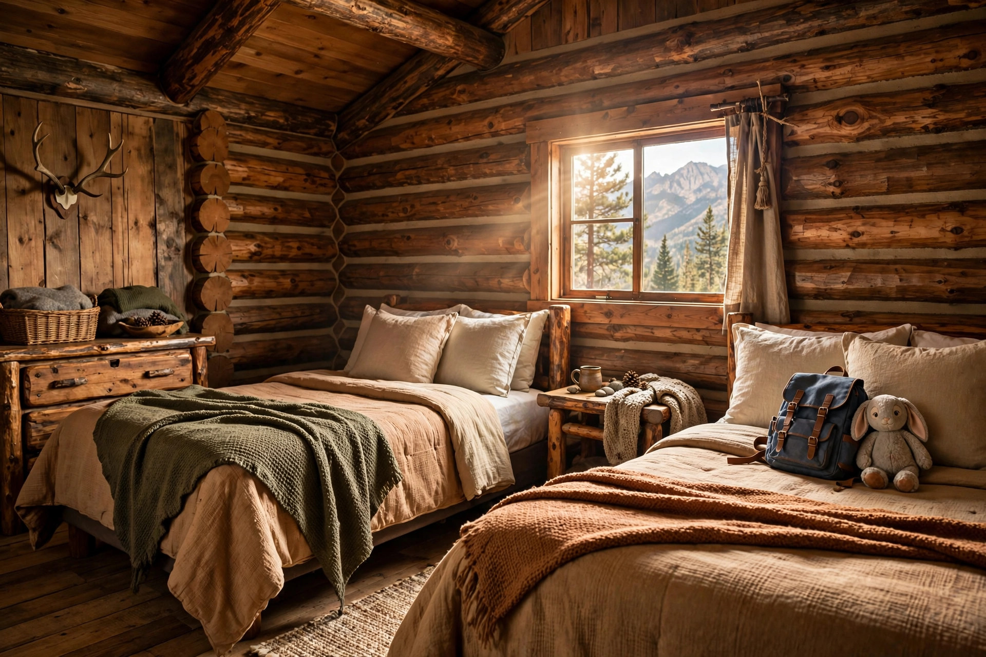 Best National Park Lodges for Families (2026 Guide) 11 Cozy rustic national park lodge family room with two queen beds and mountain view