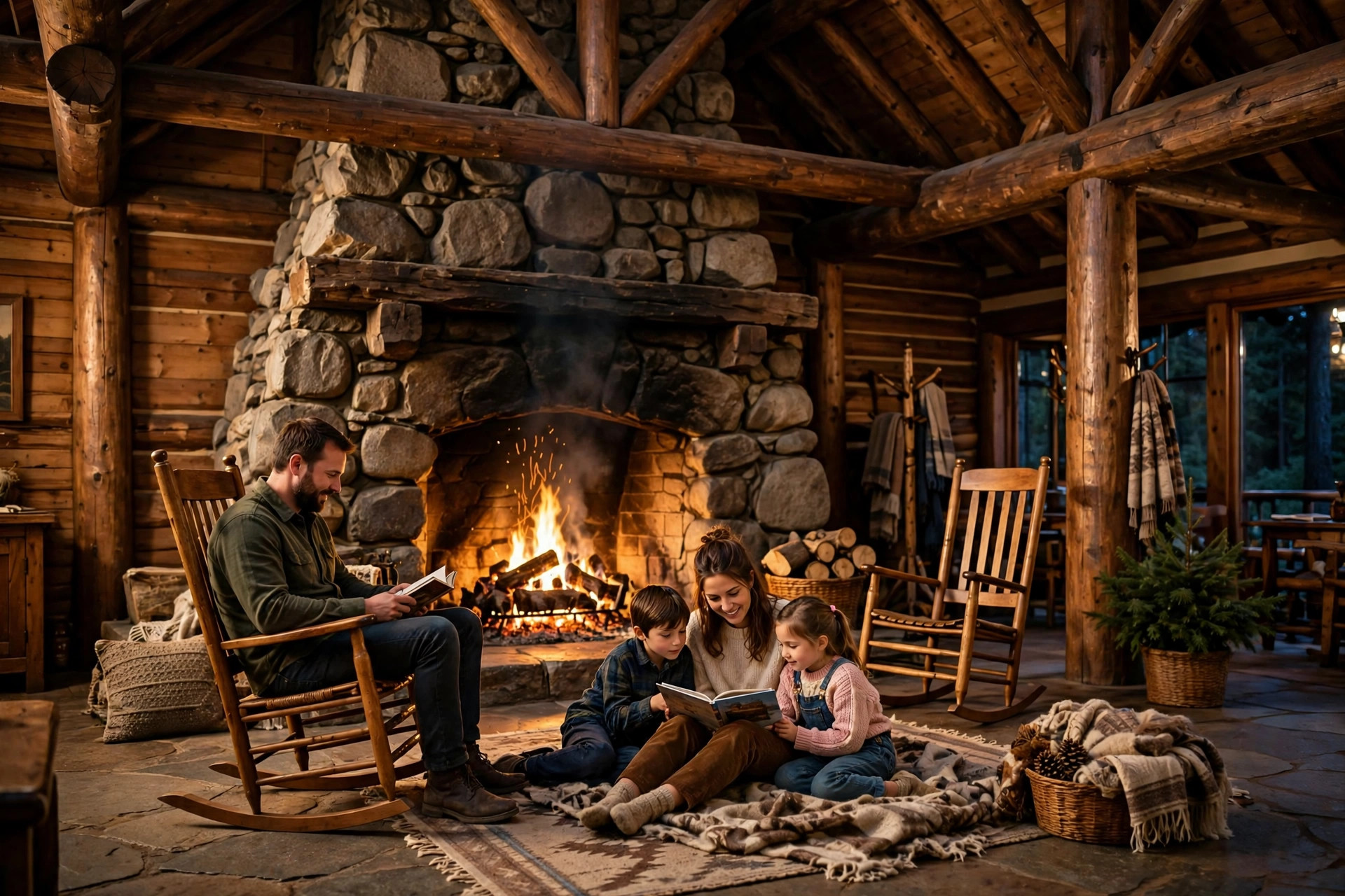 Best National Park Lodges for Families (2026 Guide) 10 Family sitting by the stone fireplace in a historic national park lodge lobby