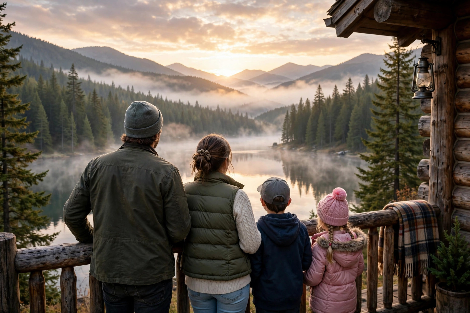 Best National Park Lodges for Families (2026 Guide) 12 Family watching sunrise over a mountain lake from a national park lodge porch
