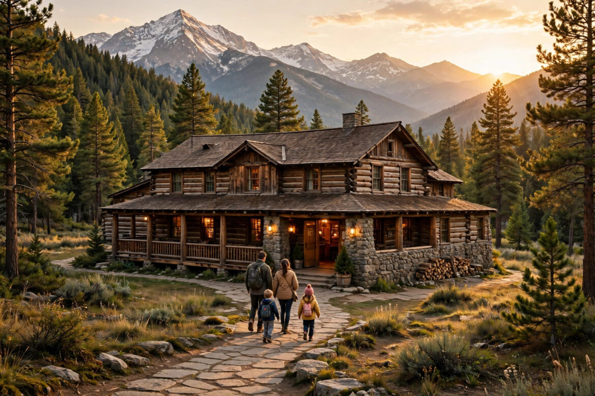Historic log and stone national park lodge at golden hour with a family walking toward the entrance