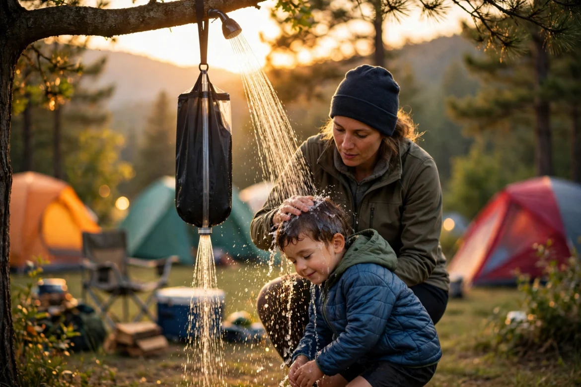 Parent rinsing a child under a portable solar camp shower at a family campsite at sunset