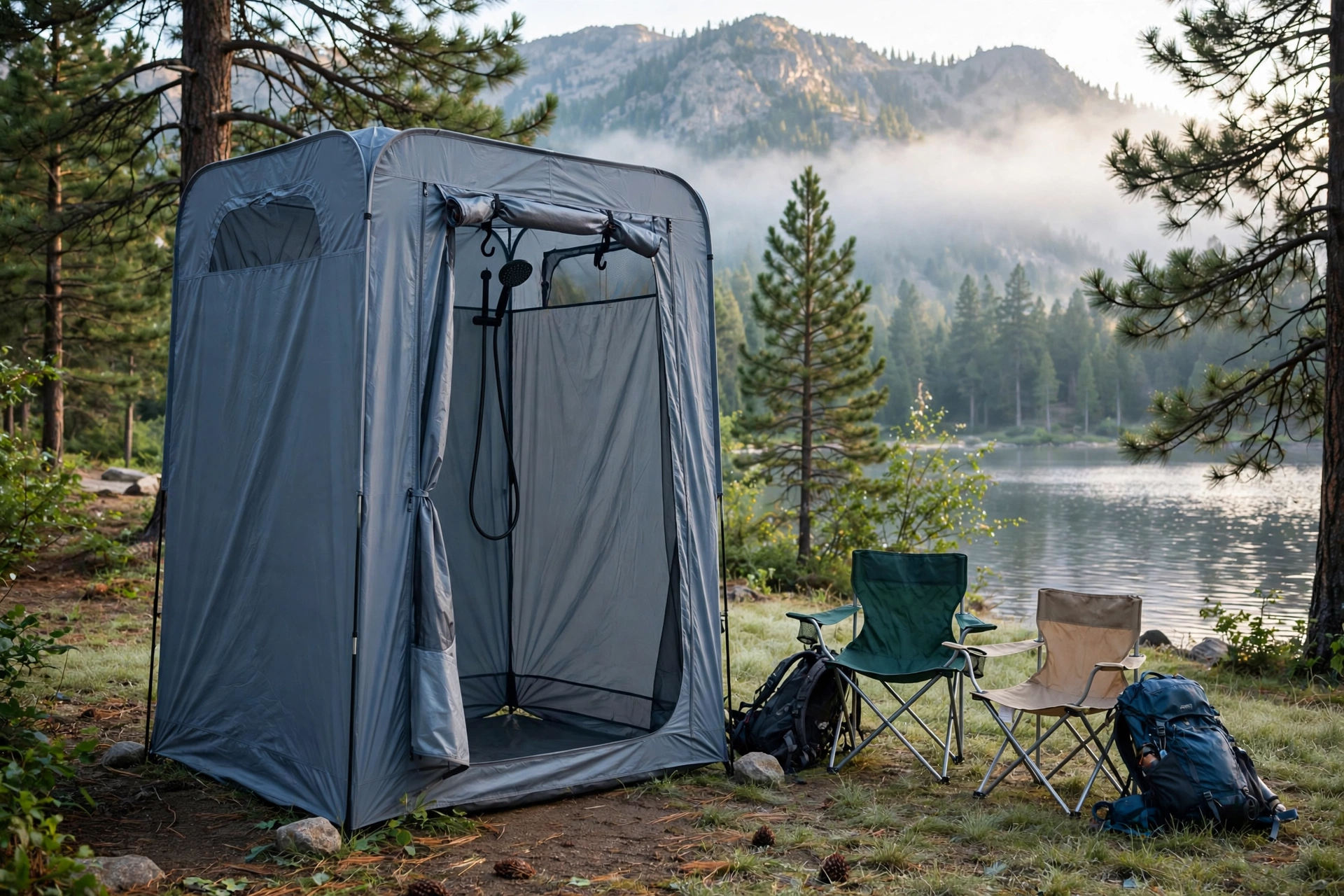 Portable pop-up privacy shower shelter at a family campsite beside a lake
