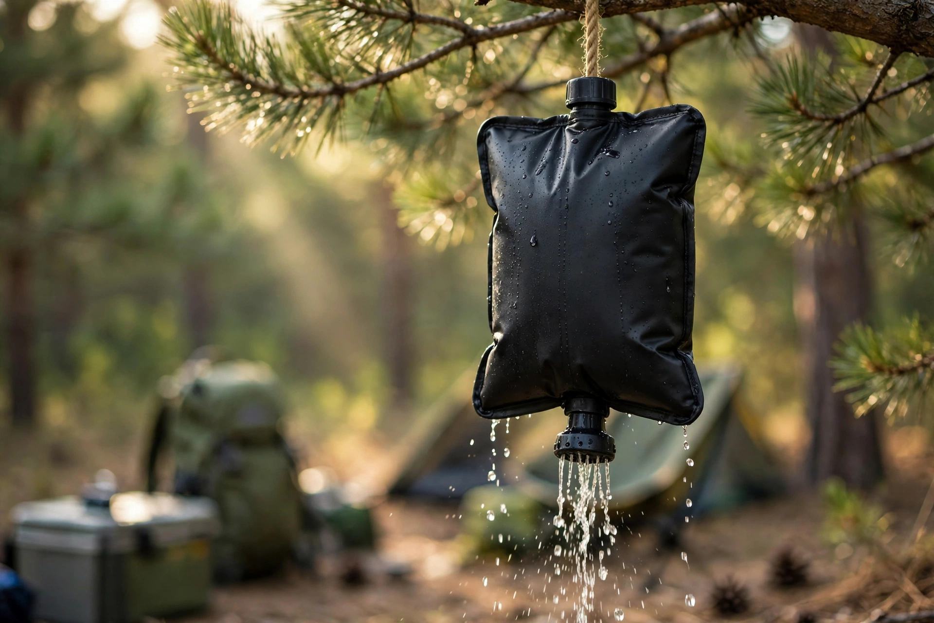 Black solar camp shower bag hanging from a tree at a campsite, water dripping from the shower nozzle