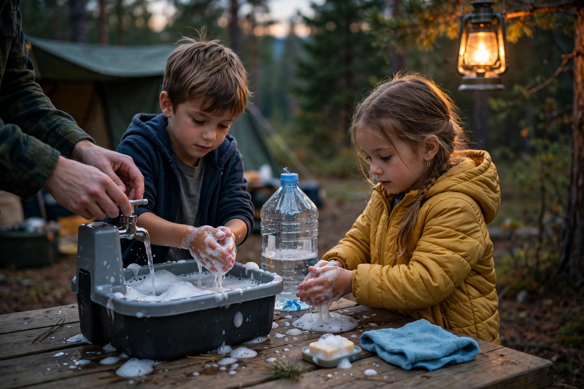 Two kids washing hands at a small portable camp wash station on a campsite picnic table at dusk