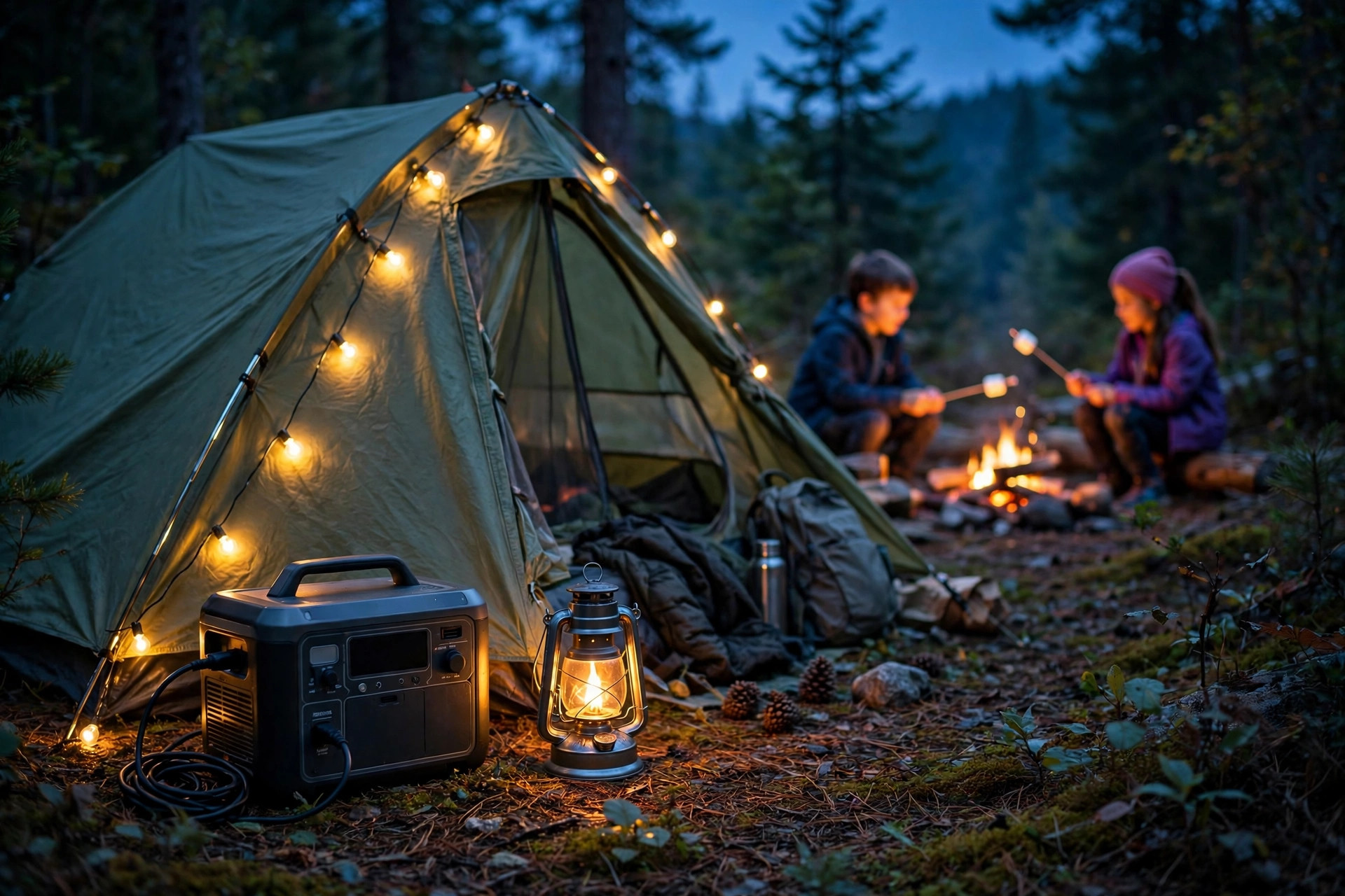 Portable power station lighting a family campsite at dusk while kids roast marshmallows