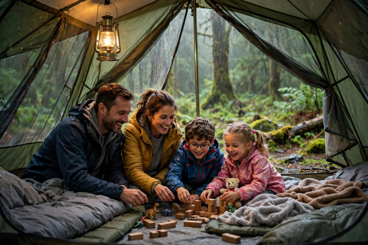 Family with kids playing inside a camping tent during rain with wet forest outside