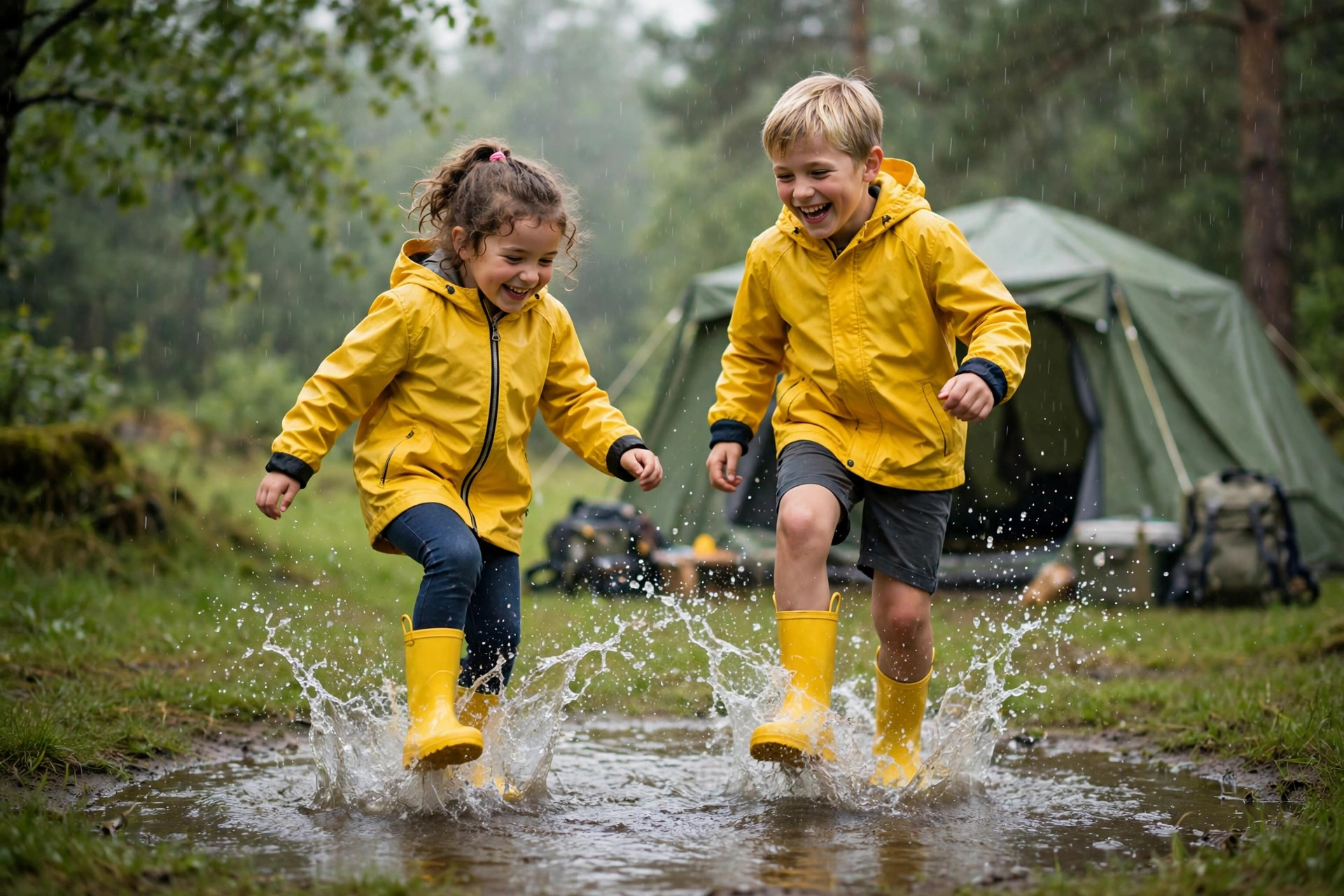 Two children in yellow rain jackets and rain boots splashing in a puddle at a rainy campsite