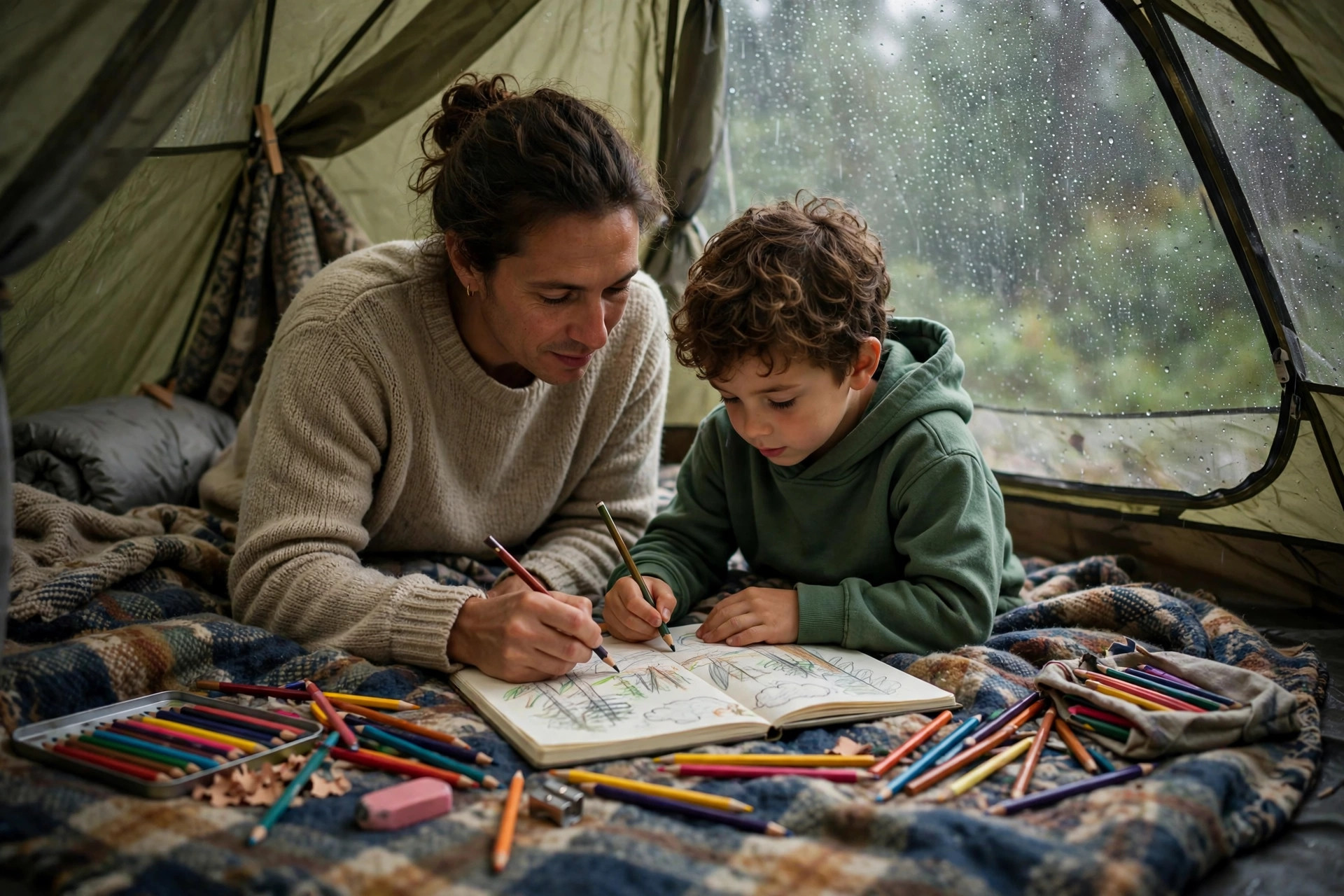 Parent and child drawing with colored pencils inside a tent on a rainy day