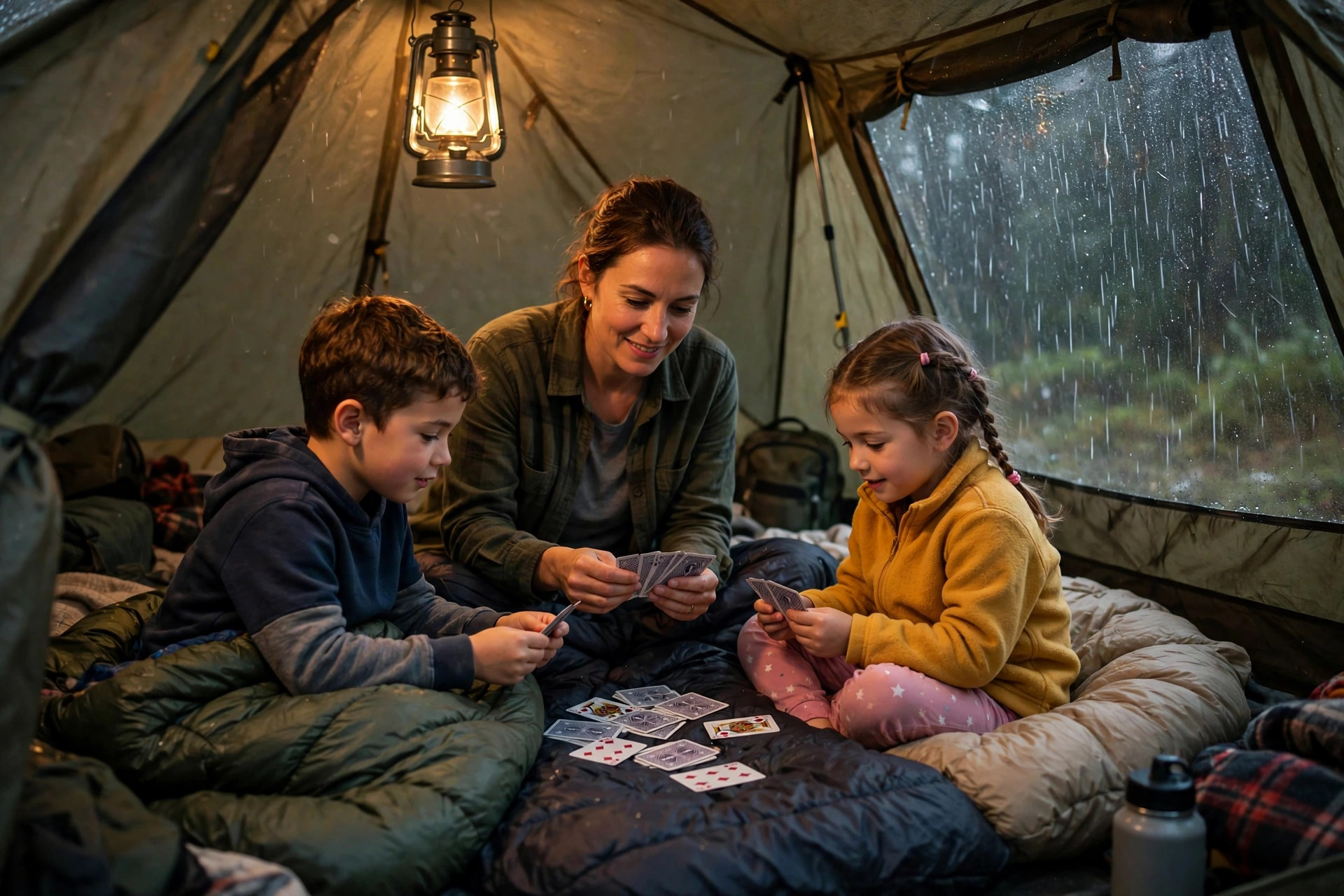 Kids playing a card game with their mom inside a camping tent on a rainy day