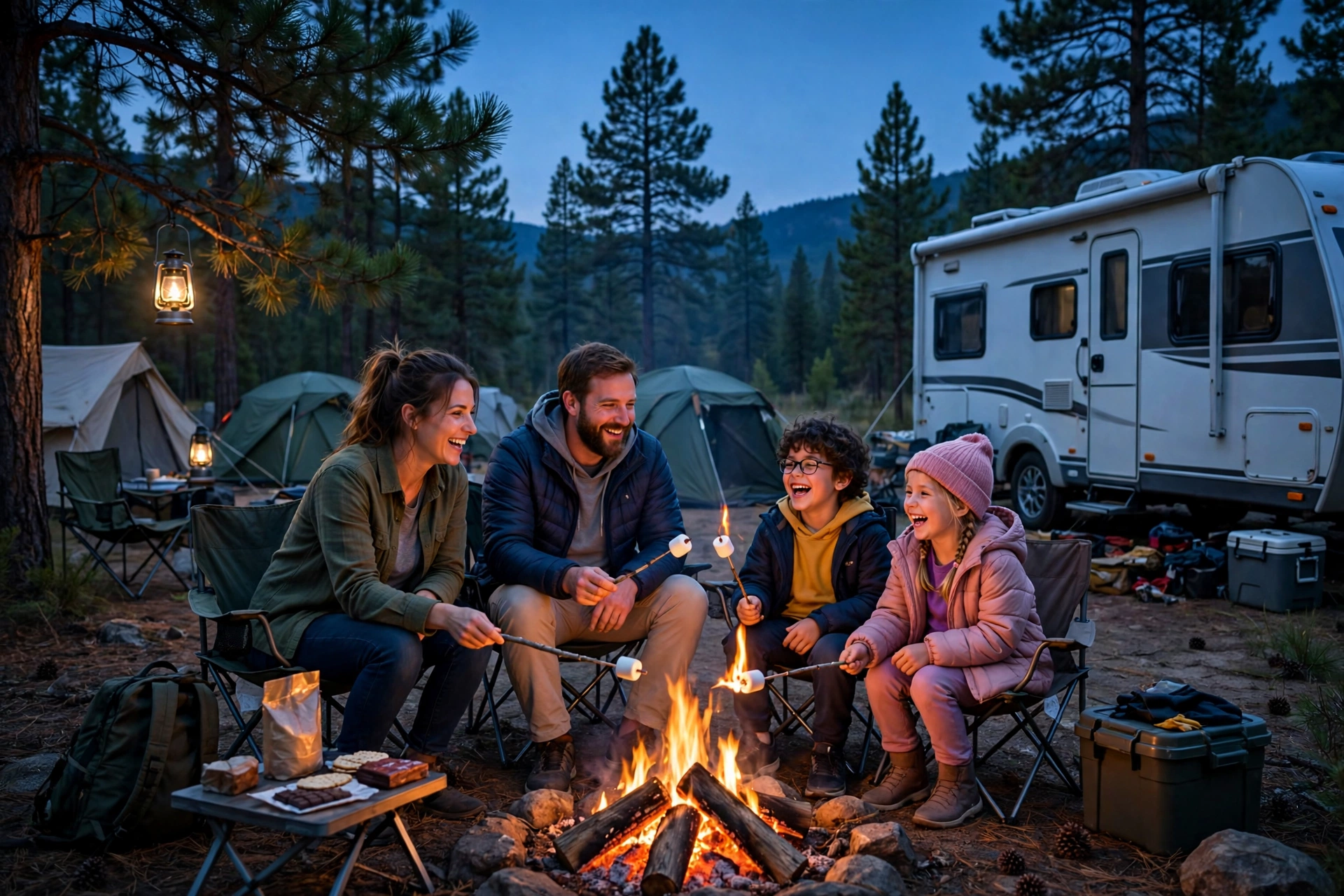 RV Camping with Kids: A First-Timer's Guide to Family RV Trips 12 Family roasting marshmallows over a campfire beside their RV at dusk