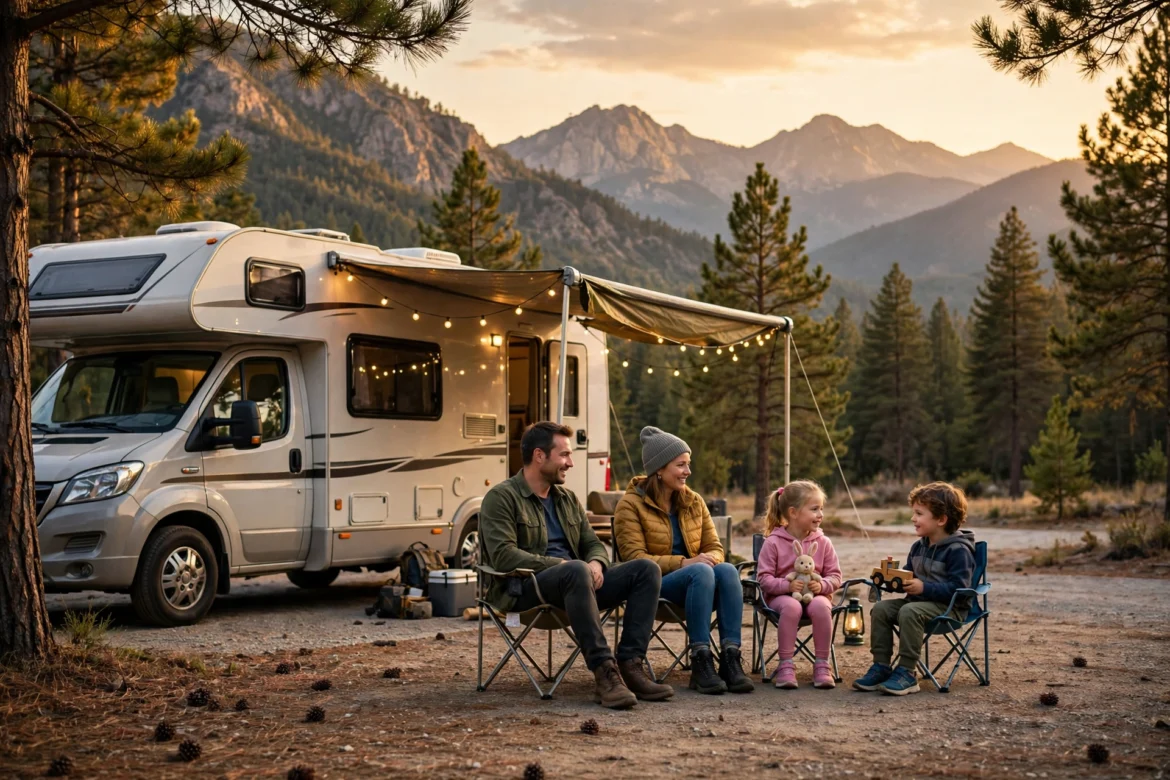 Family RV camper parked at a scenic campground at golden hour with parents and children relaxing outside