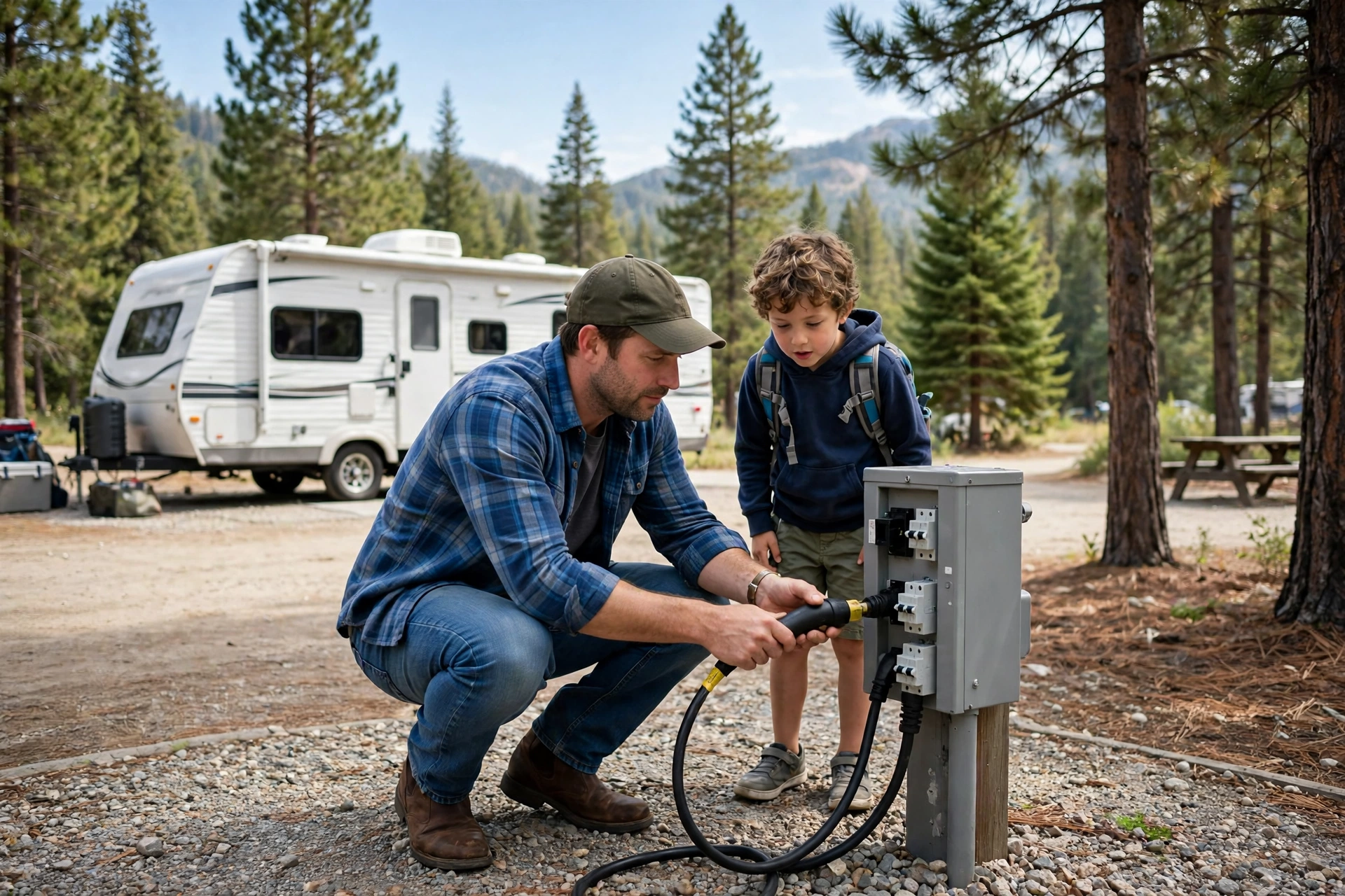 RV Camping with Kids: A First-Timer's Guide to Family RV Trips 11 Father connecting a power hookup cable at an RV campsite while a child watches